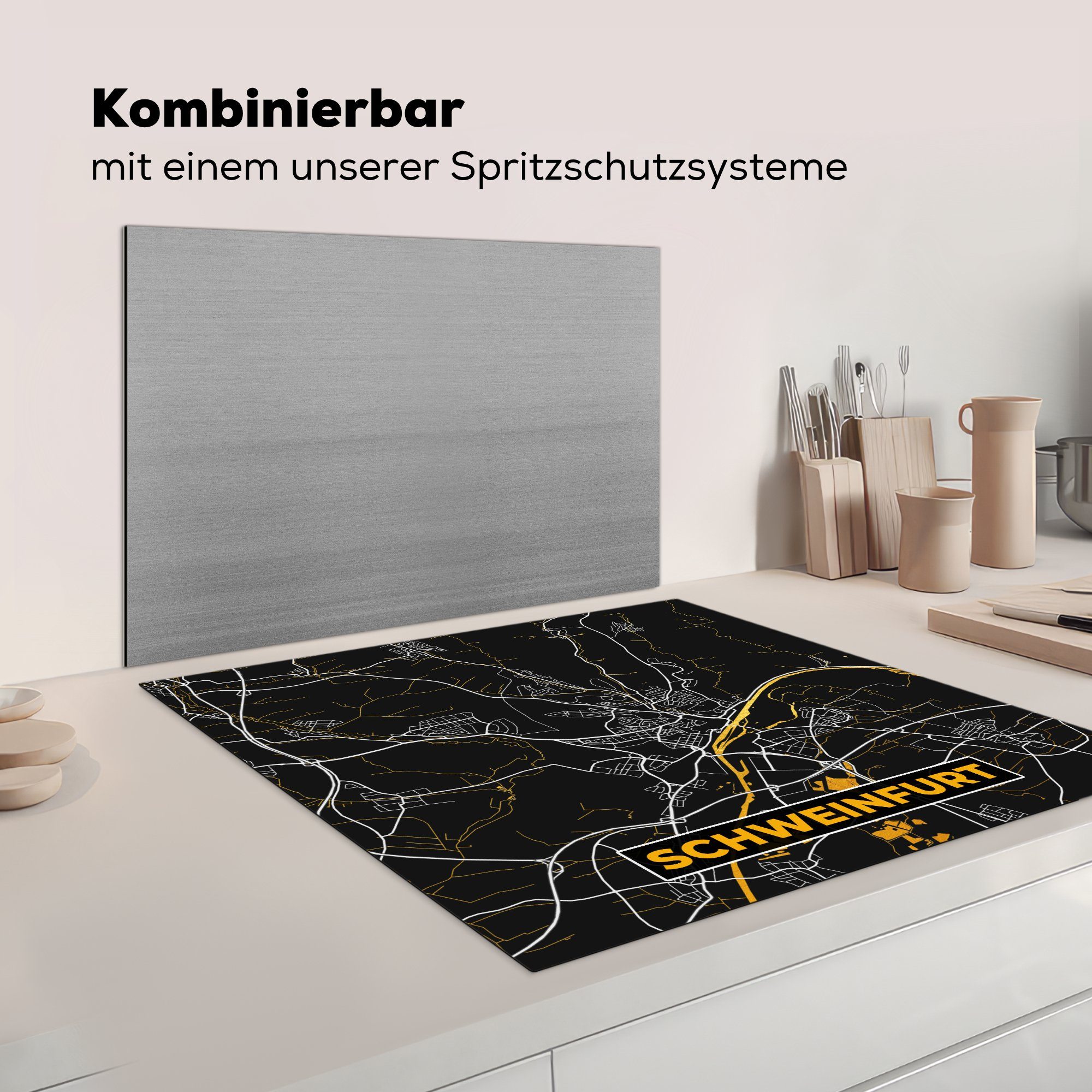 Gold Schweinfurt Ceranfeldabdeckung, tlg), Karte, und (1 Vinyl, Deutschland Arbeitsplatte cm, Schwarz Herdblende-/Abdeckplatte für küche 78x78 - - MuchoWow - - Stadtplan