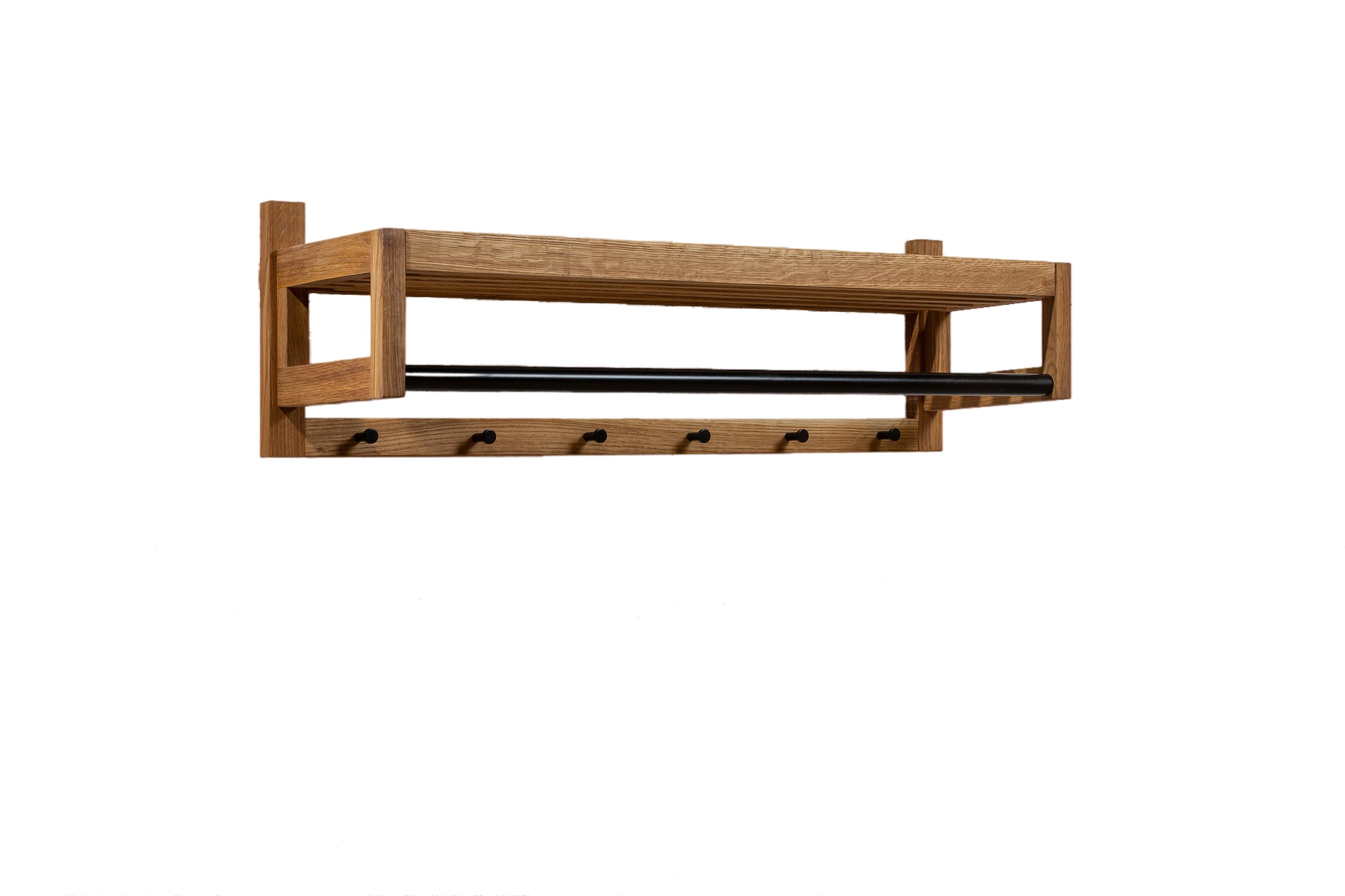 Woodek Design Wandgarderobe BO mit 6 Haken, Garderobenpaneel, modernes Design, H26 x B88 x T26 cm (Flurgarderobe aus geöltem Eichenholz und schwarzem Metall, 1 St., funktionale Kleiderhaken mit Regal), industrielle Garderobenleiste mit Kleiderstange