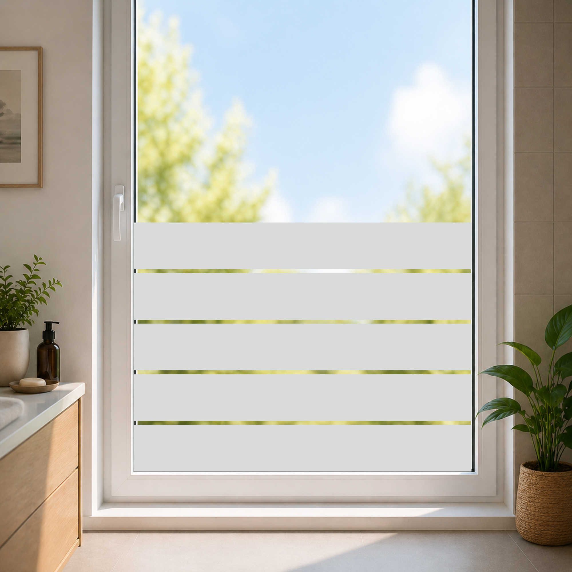 Nomiro Fensterfolie Sichtschutz Fensterfolie Streifen 9cm selbstklebend Milchglas silber, Streifen Design lichtdurchlässig Sichtschutz Milchglas zuschneidbar