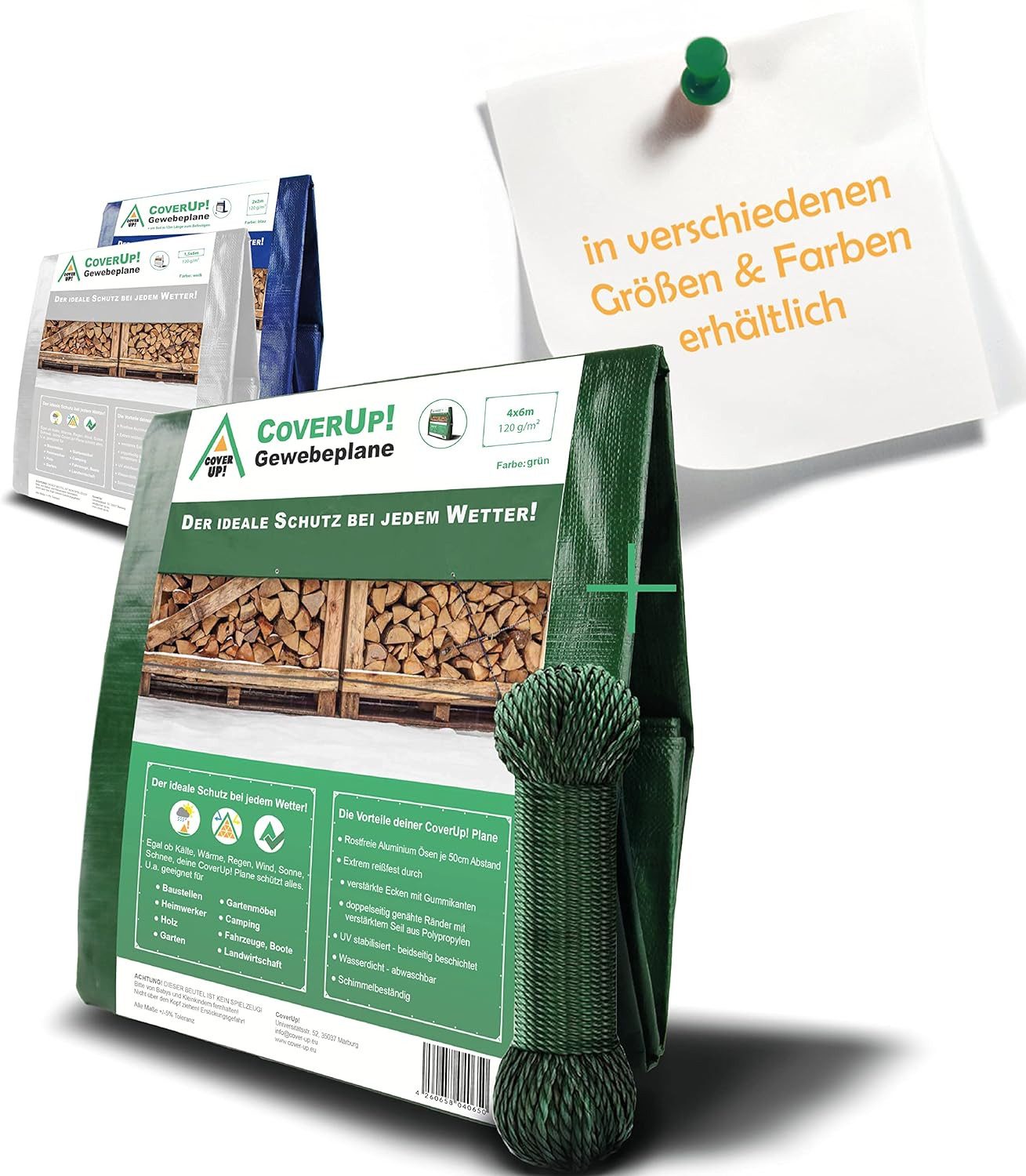 Schutzplane Abdeckplane Wasserdicht - 120g/m², Gewebeplane mit Ösen (Verstärkte Gummiecken - Plane Wasserdicht UV-Schutz für Gartenmöbel), Bauplane, Zeltplane inkl. Seil von CoverUp!