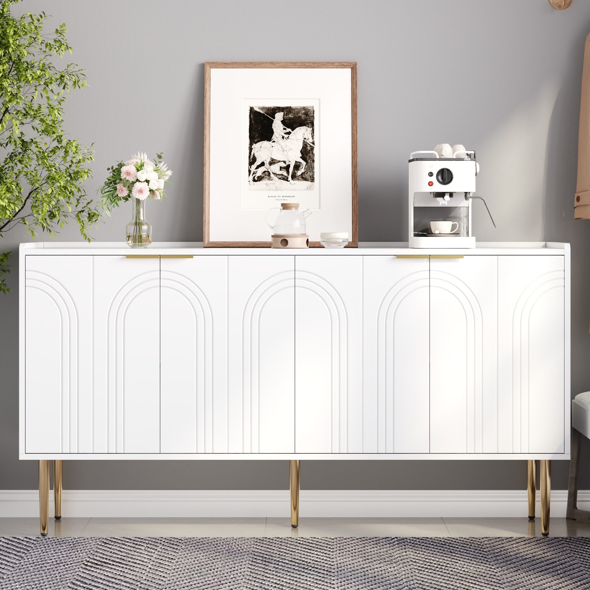Merax Sideboard mit goldenen Akzenten und Stauraum (1 St., 140x38x75cm), Kommode mit gewölbten Türpaneelen & verstellbaren Einlegeböden