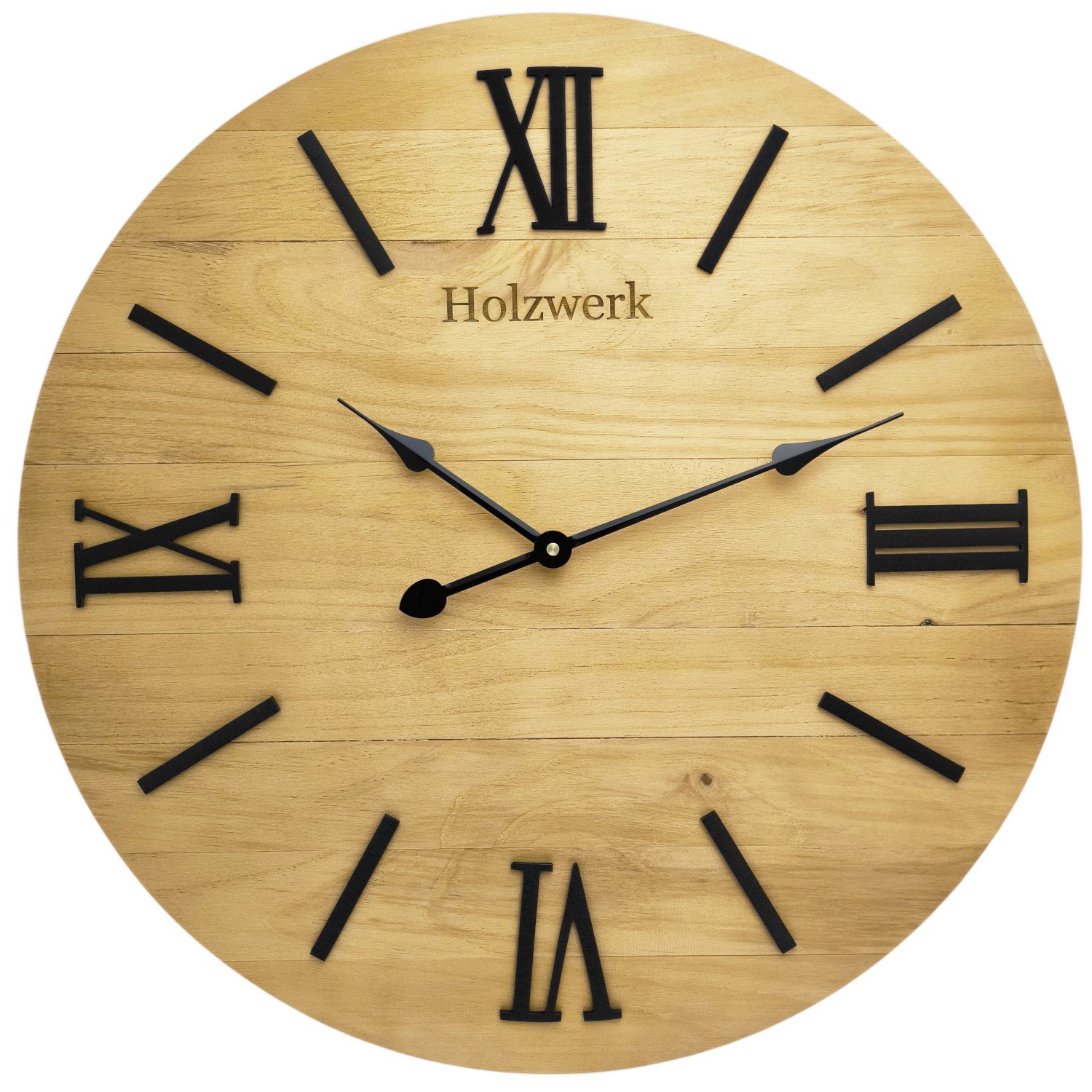 Holzwerk Wanduhr MERZIG Loft XXL Holz Quarzwanduhr (60 cm Ø, Nahezu lautloses Uhrwerk, römische Ziffern)