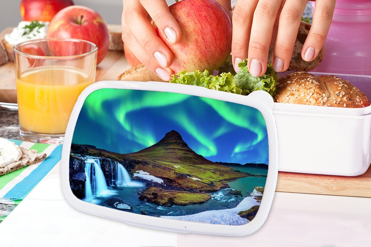 - Island weiß Kunststoff, Kinder Sternenhimmel Brotbox Grün Nordlicht Mädchen - Brotdose, und Lunchbox - Jungs für und Erwachsene, - - - für (2-tlg), Berg MuchoWow See, Wasserfall