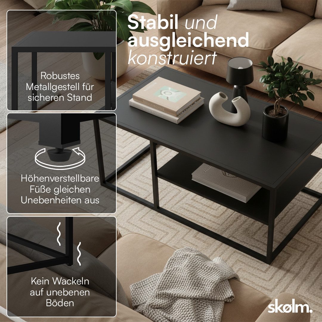 skølm Couchtisch Skadi aus Metall mit 2 Ablagen (Schwarz), Wohnzimmertisch mit verstellbaren Füßen, 45x100x60 cm (HxTxB)