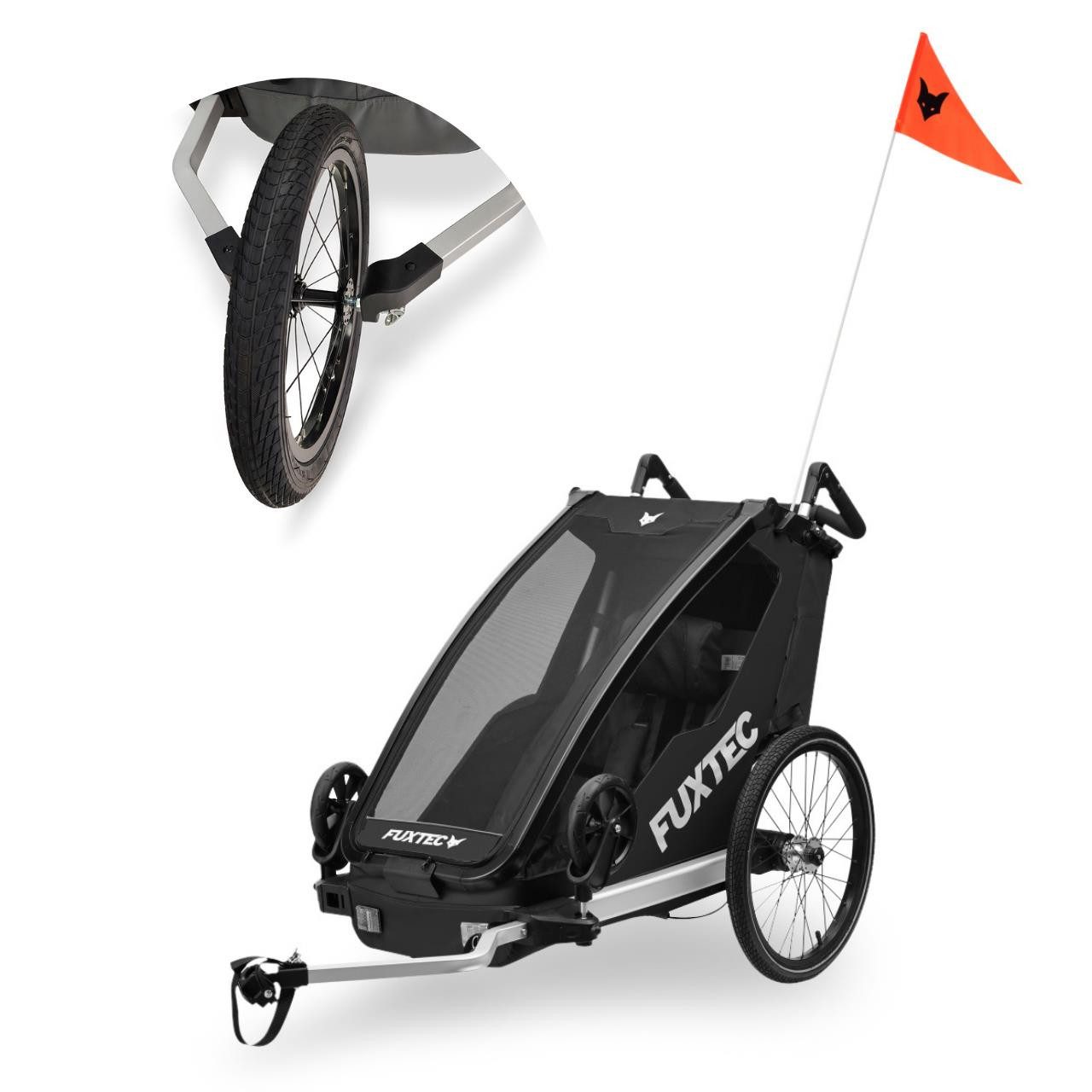 FUXTEC Fahrradkinderanhänger FX-FA1S-SET-SCHWARZ, Mit Joggerrad, faltbar, Sonnen- & Regenschutz