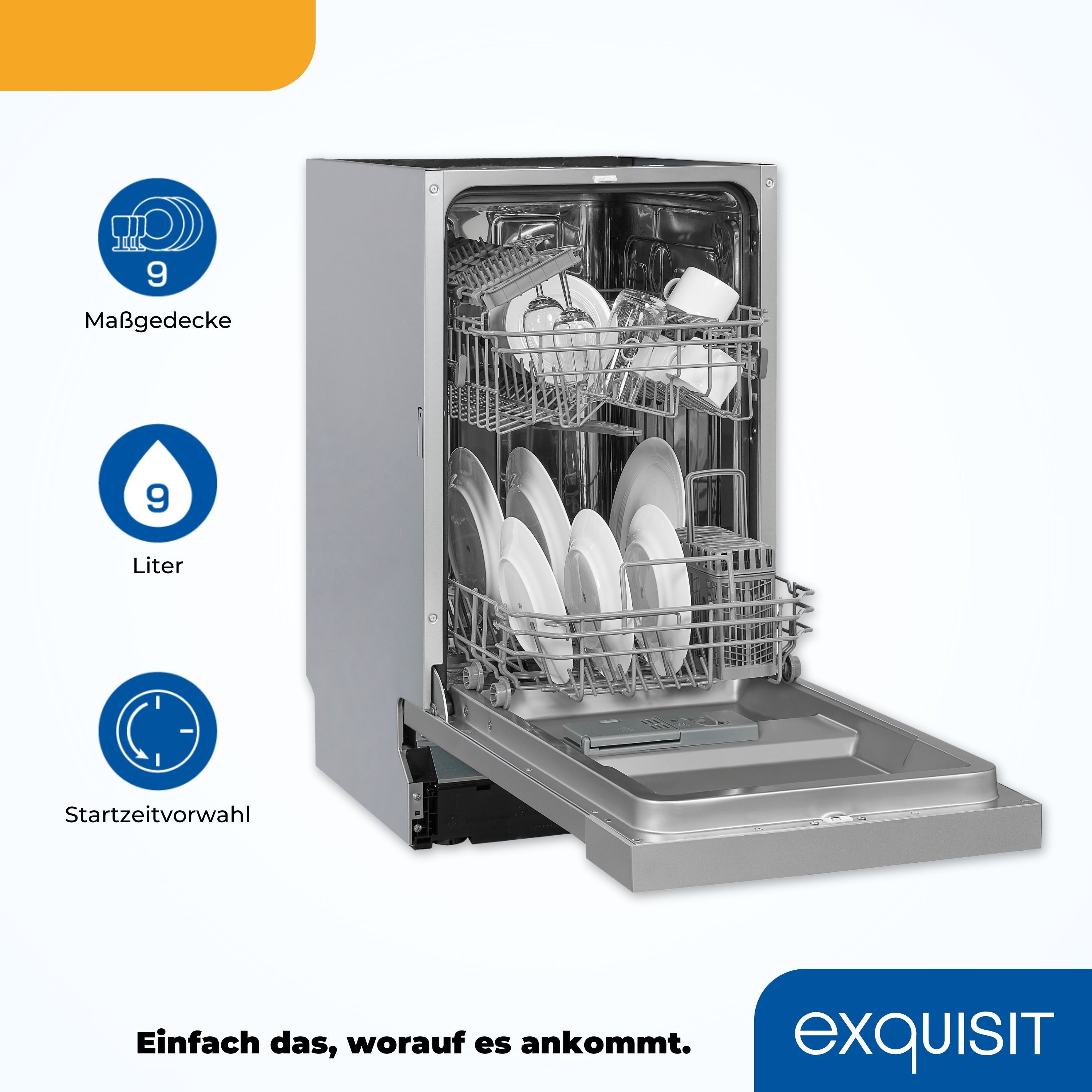exquisit teilintegrierbarer Geschirrspüler EGSP2109-EB-030E, 9 Maßgedecke, Kompakt und ideal für kleine, schmale Nischen, kleine(Single)Haushalte – Bild 4 von 5