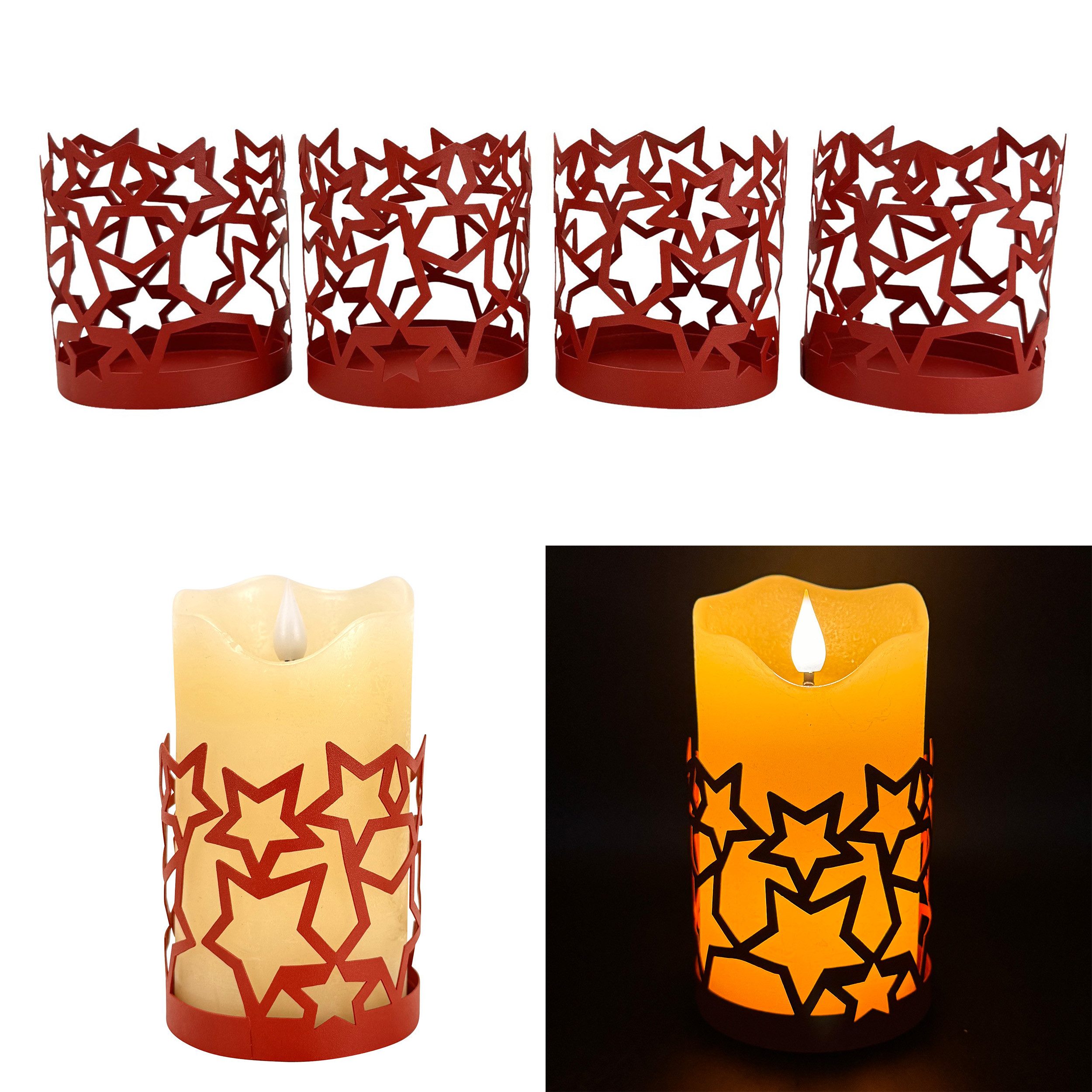 Online-Fuchs Kerzenständer - 4 Kerzenhalter Sterne für Stumpenkerzen - Weihnachtsdekoration (Weiß oder Rot, für Kerzen bis 7,5 cm Durchmesser), filigranes Sternendesign für eine stimmungsvolle Beleuchtung