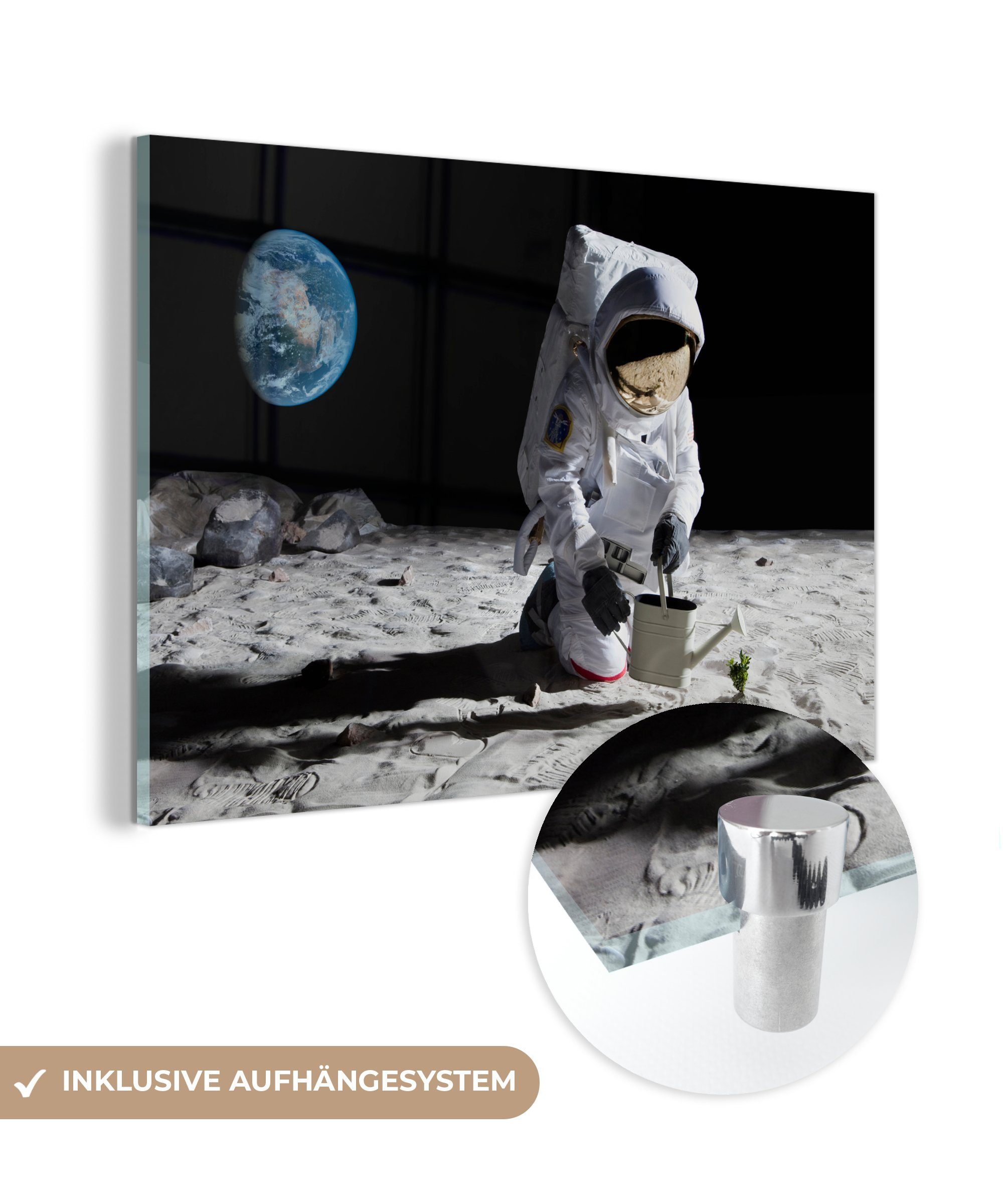 MuchoWow Acrylglasbild Astronaut - Mond - Erde, (1 St), Acrylglasbilder Wohnzimmer & Schlafzimmer