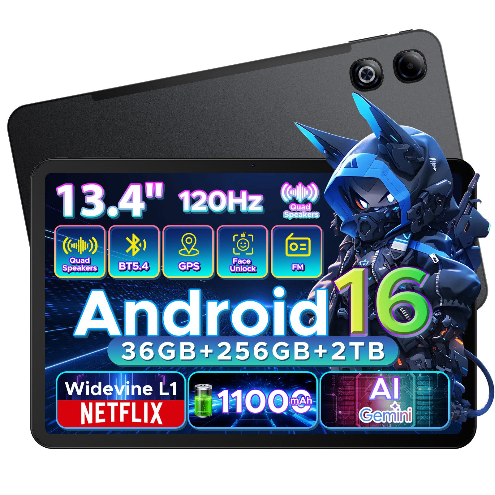 DOOGEE U13Pro Android 16 Tablet 13 Zoll, 11000mAh, 120HZ, 256GB ROM, 5G WiFi Tablet (13.4", 256 GB, Android 16, Wifi, 36GB RAM (6+30GB erweitert), Gemini AI, 13MP, Widevine L1/Face ID/GPS)