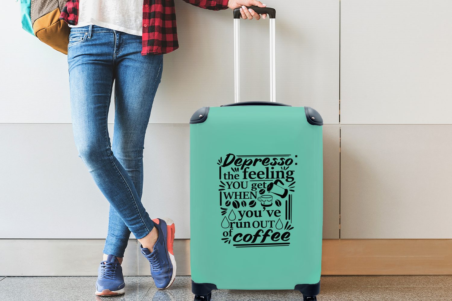 Handgepäckkoffer rollen, Reisekoffer - - Kaffee für Grün, Zitate Ferien, Rollen, Reisetasche mit Handgepäck Trolley, 4 MuchoWow