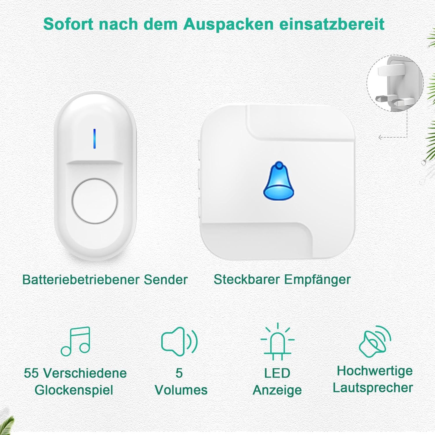 AIMAX Türklingel-Set Funkklingel Kabellose Türklingel Wireless Boorbell 400m 110dB 1T2, Haustürklingel 2 Empfänger Batteriebetrieben Aussen Klingel Haustür