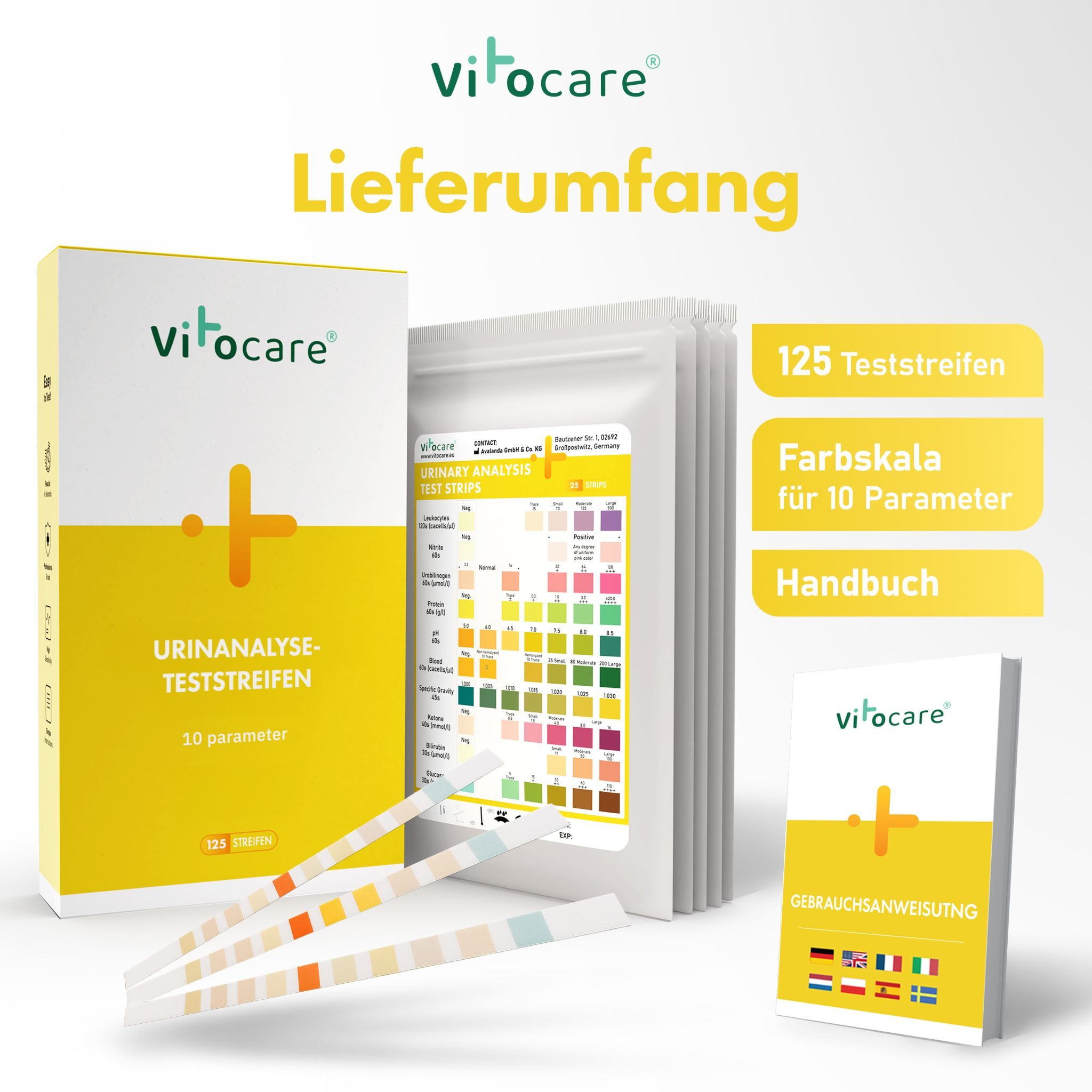 Vitocare Harnsäure-Messgerät Vitocare Urinteststreifen 10in1, Urintest f. Zuhause, 25/125 Stk. – Bild 2 von 5