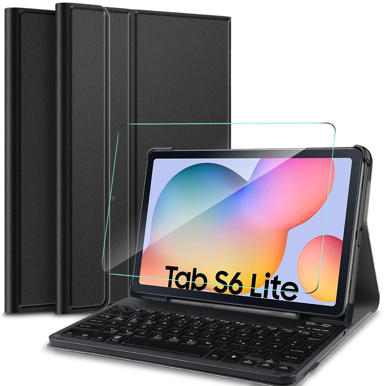 IVSO Tastatur Kompatibel mit Samsung Galaxy Tab S6 Lite, mit Panzerglas,  [QWERTZ Deutsches], Tablet-Tastatur (New Type-C Tastatur Hülle Kompatibel  mit Samsung Galaxy Tab S6 Lite 10.4 Zoll, Schwarz)