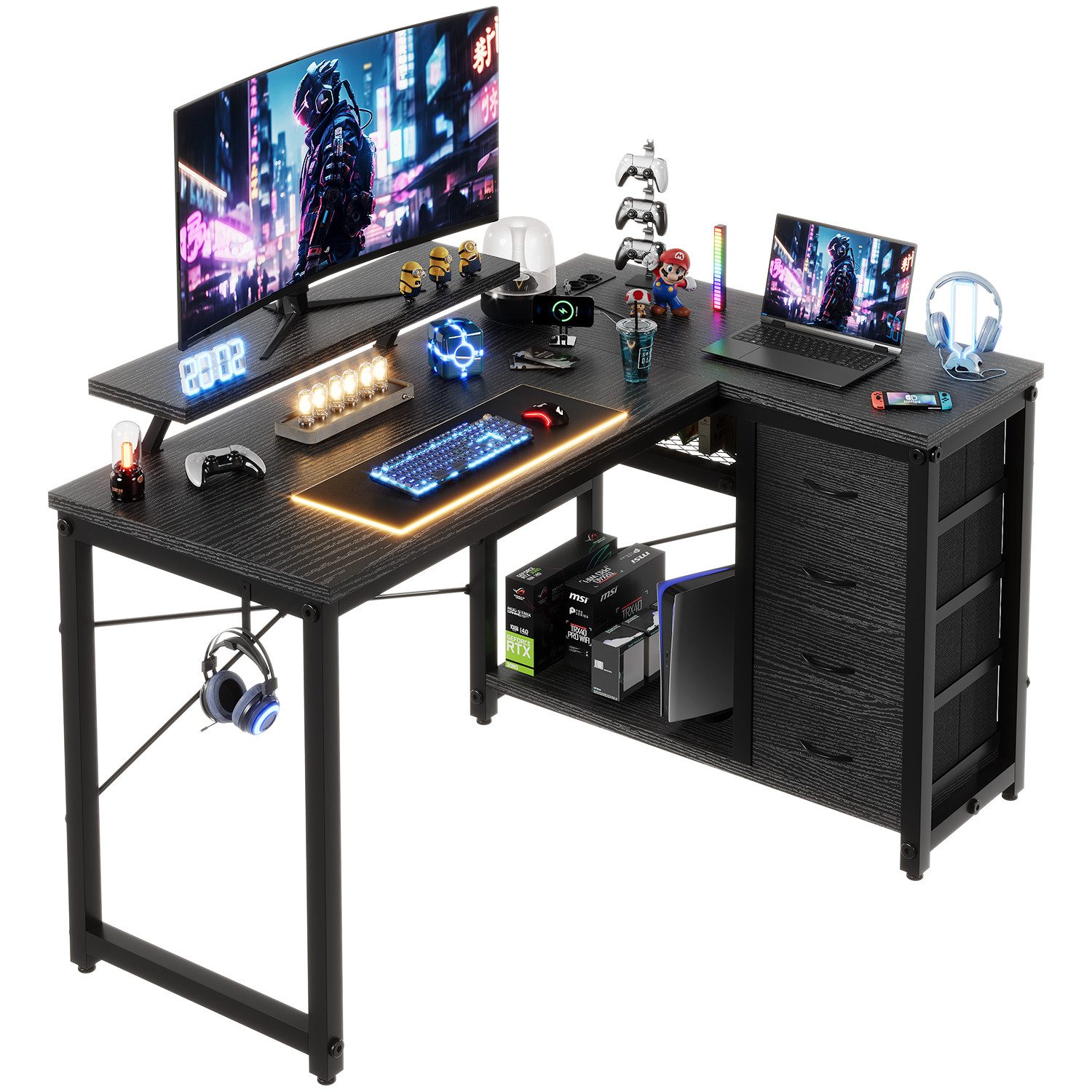 Eckschreibtisch 100/120L Form mit Ablagefächern, 2 Tier DIY Lagerregalen Computertisch