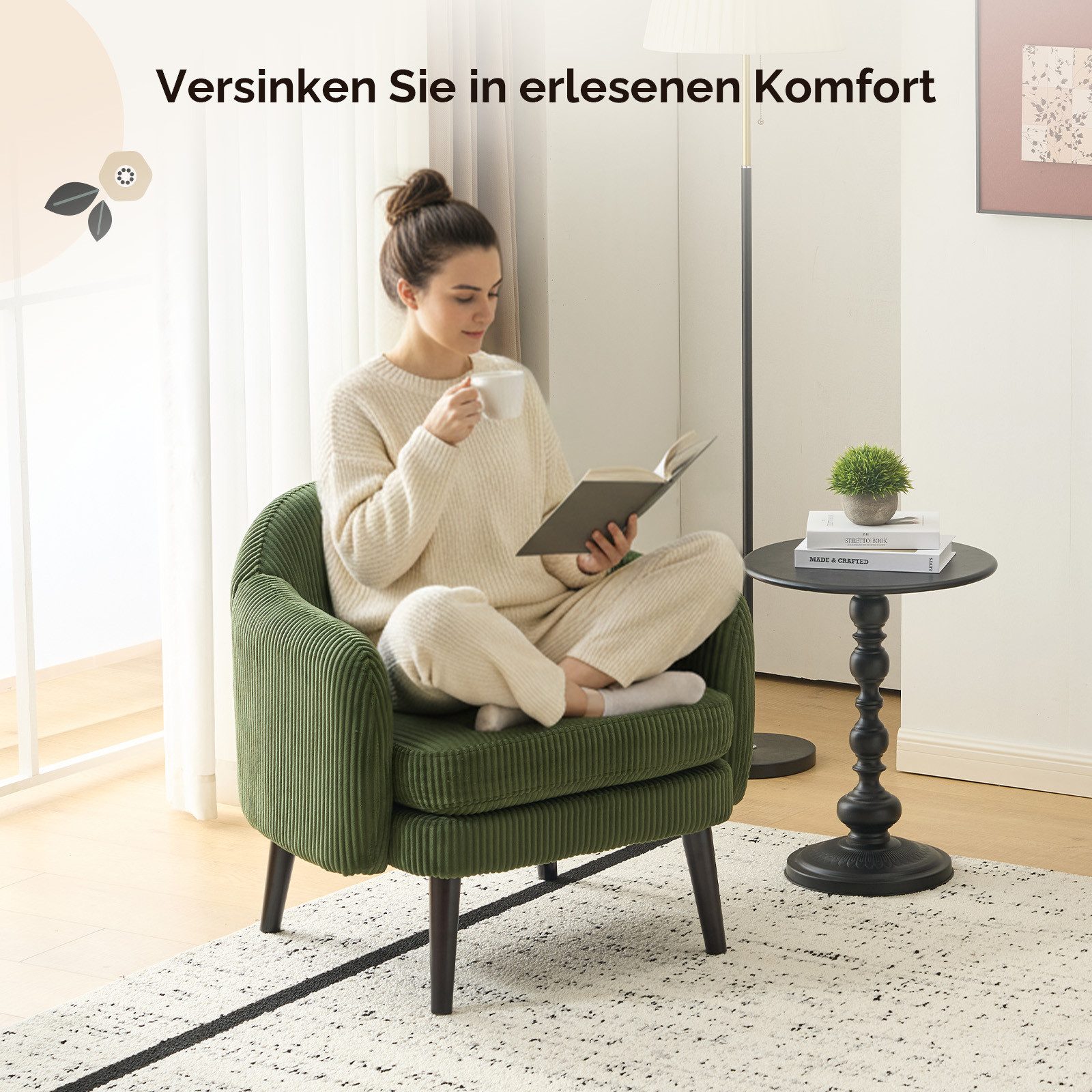 VINGLI Ohrensessel Cocktailsessel aus Cord, Moderner Loungesessel für Wohnzimmer, Holzbeine, Abnehmbares Sitzkissen & Armlehnen – Bild 5 von 5