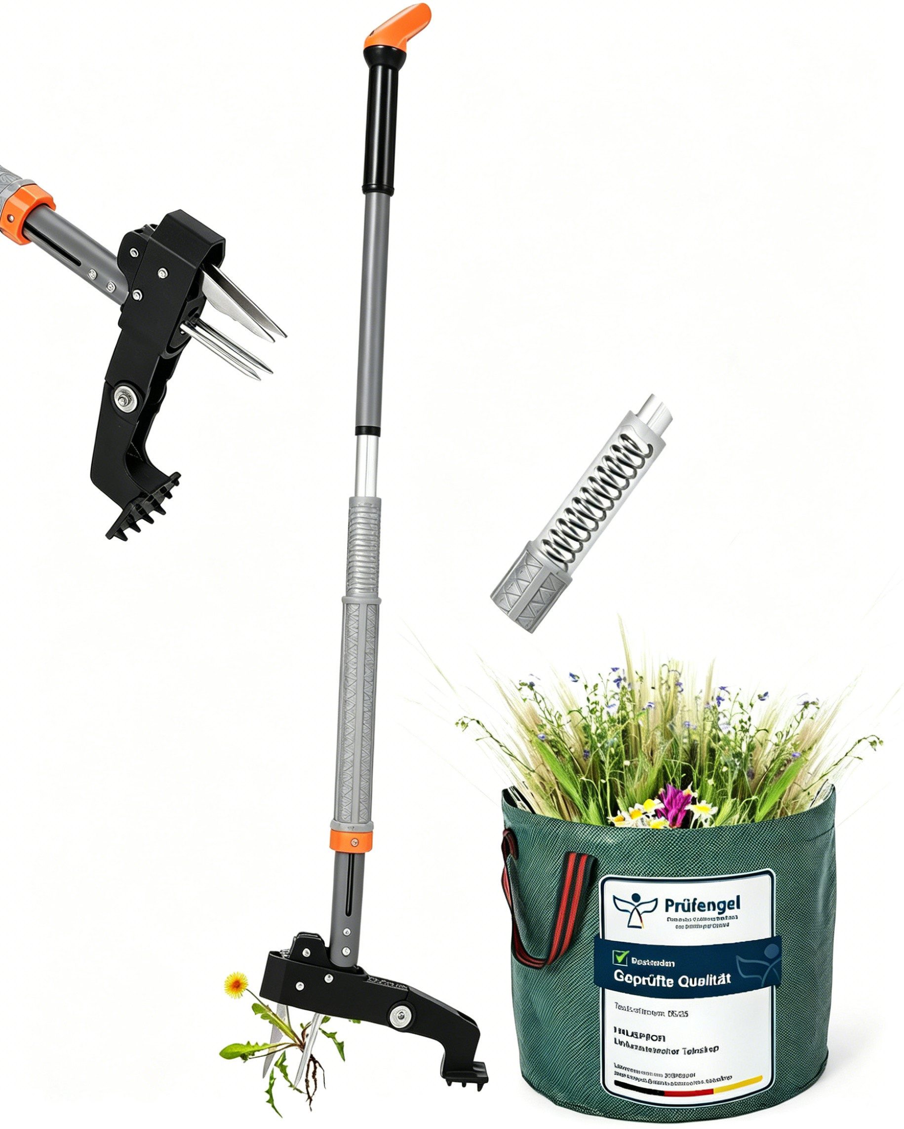 GarveeMore Unkrautstecher Löwenzahnentferner Unkrautentferner 117 cm Länge, 117 cm Gesamtlänge, mit Edelstahlkrallen & 50L Gartensack