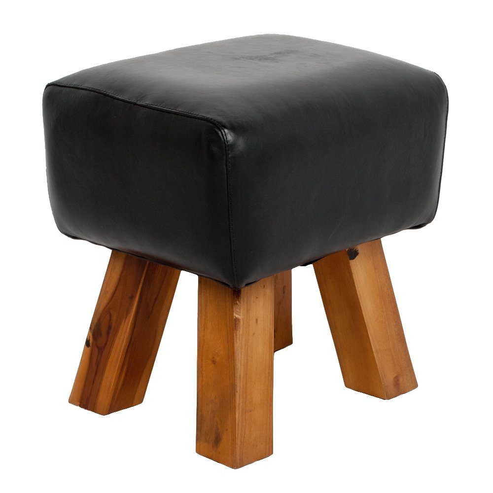 LebensWohnArt Sitzhocker Leder Hocker MAXI Schwarz 40cm Teakholz Turnbock
