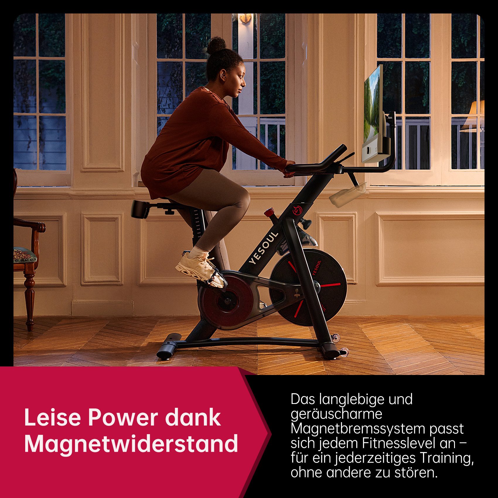 yesoul Speedbike G1M Plus & Max Fahrrad, 21,5-Zoll-FHD-Display, 100 Stufen, bis 120 kg (App mit VoD Trainingskursen, Magnetbremssystem, Riemenantrieb, kompatibel mit Zwift & Kinomap), 360° drehbares Display, 4 x 30 W Surround-Sound, Screen Mirroring