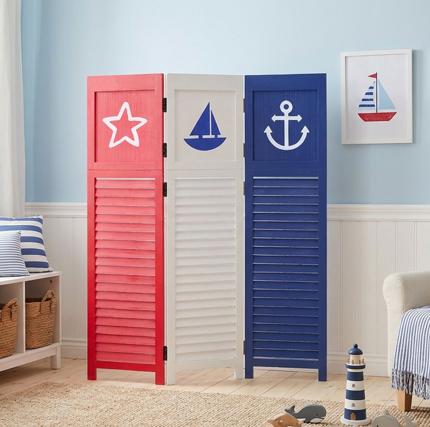 Homestyle4u Paravent Raumteiler Indoor Holz Trennwand Sea Sichtschutz faltbar Motiv Meer (3-teilig), maritim