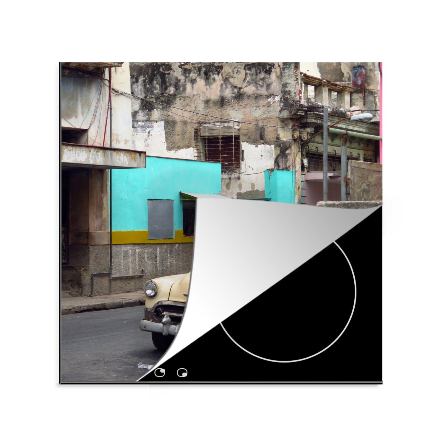 MuchoWow Herdblende-/Abdeckplatte Kuba - Oldtimer - Havanna, Vinyl, (1 tlg), 78x78 cm, Ceranfeldabdeckung, Arbeitsplatte für küche