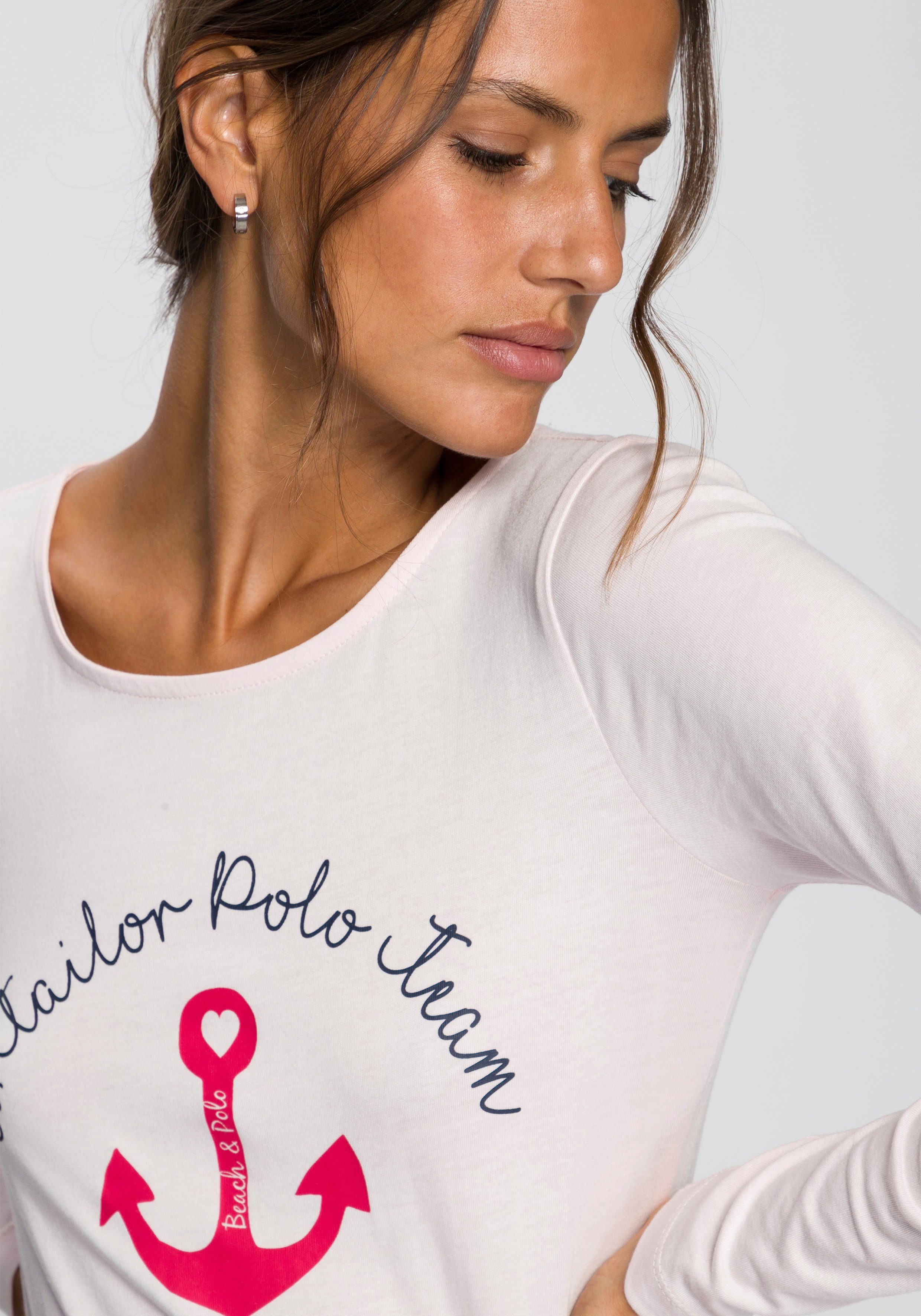 Damen Shirts TOM TAILOR Polo Team Langarmshirt mit Bindeband am Saum und maritimem Frontprint - NEUE KOLLEKTION