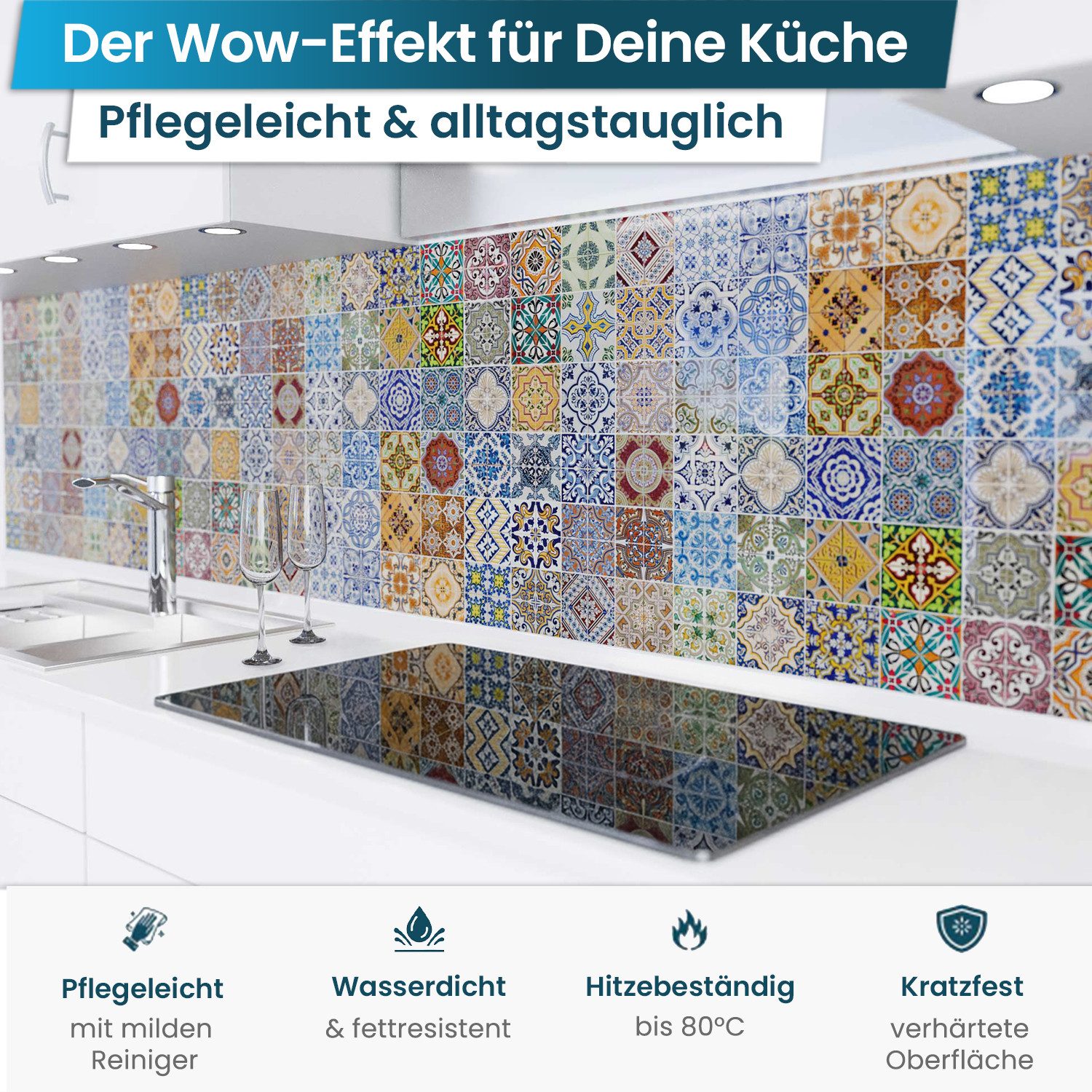 danario Küchenrückwand Folie selbstklebend - Matt - Spritzschutz Küche - versteift & robust