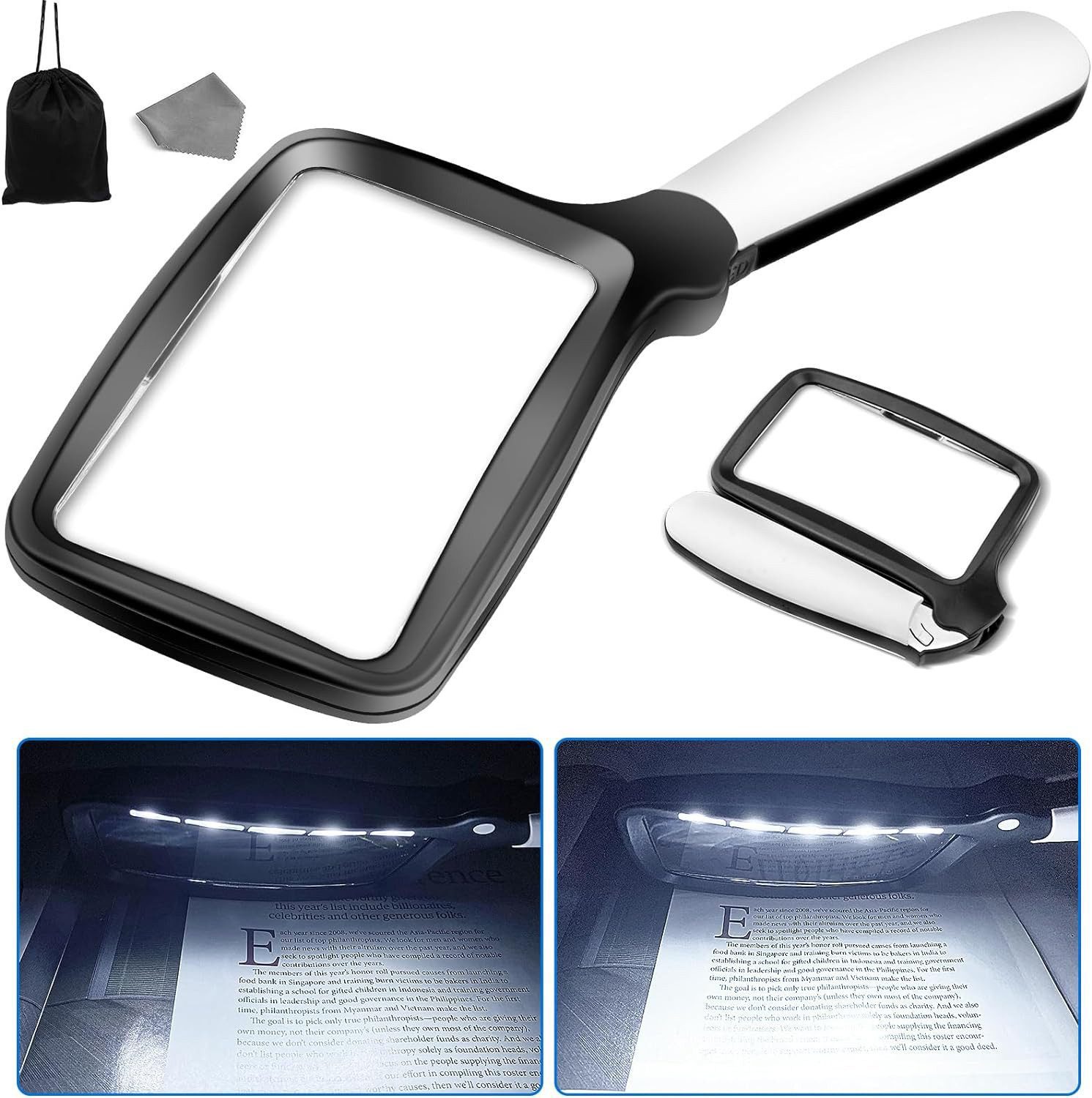 ZEUOPQ Lupenbrille Lupenbrille Groß Lupe mit Licht 3-Fache Einschlaglupe 5 LEDs, Der 250-mm-Brennweiten., Eine 2-stufige Helligkeitsanpassung je nach Bedarf.
