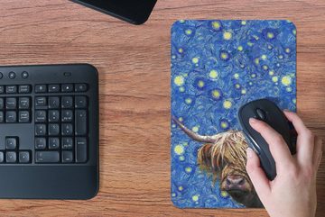 MuchoWow Mauspad Van Gogh - Schottischer Highlander - Sternennacht (1-St), Gaming, Mousepad, Büro, 18x27 cm, Mausunterlage