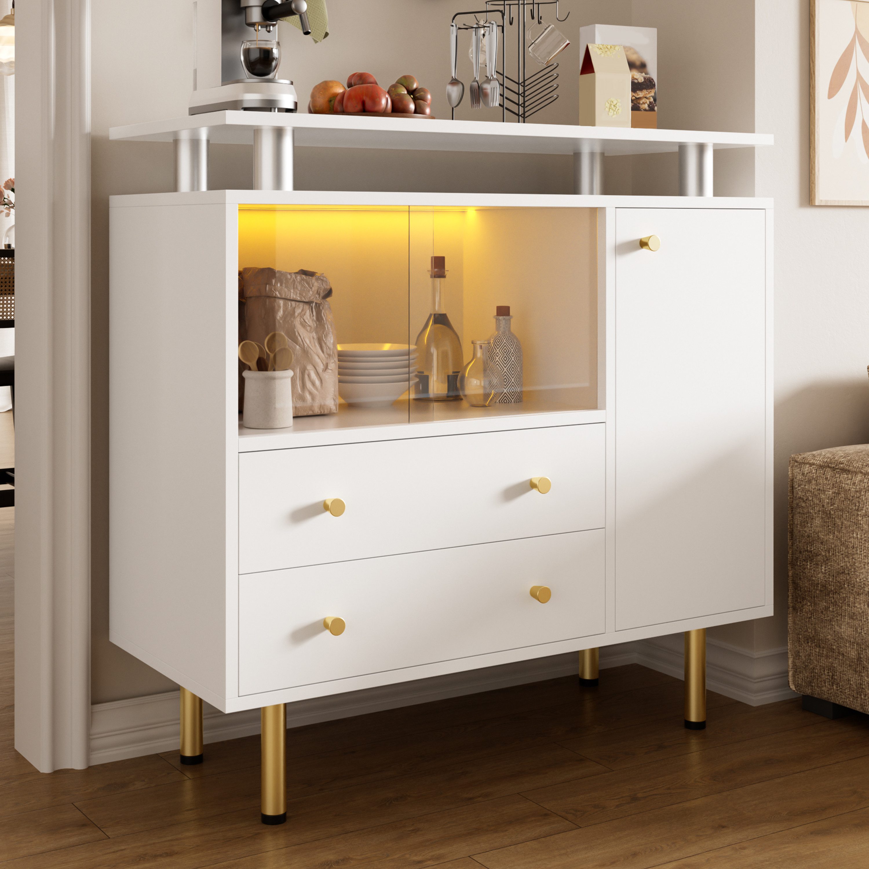Flieks Kommode Sideboard mit LED-Beleuchtung, 2 Glasschiebetüren und 2 Schubladen (1 St., 80×35×80 cm), Mehrzweckschrank Wohnzimmerschrank Weiß, Metallgriffen und Metallfüßen