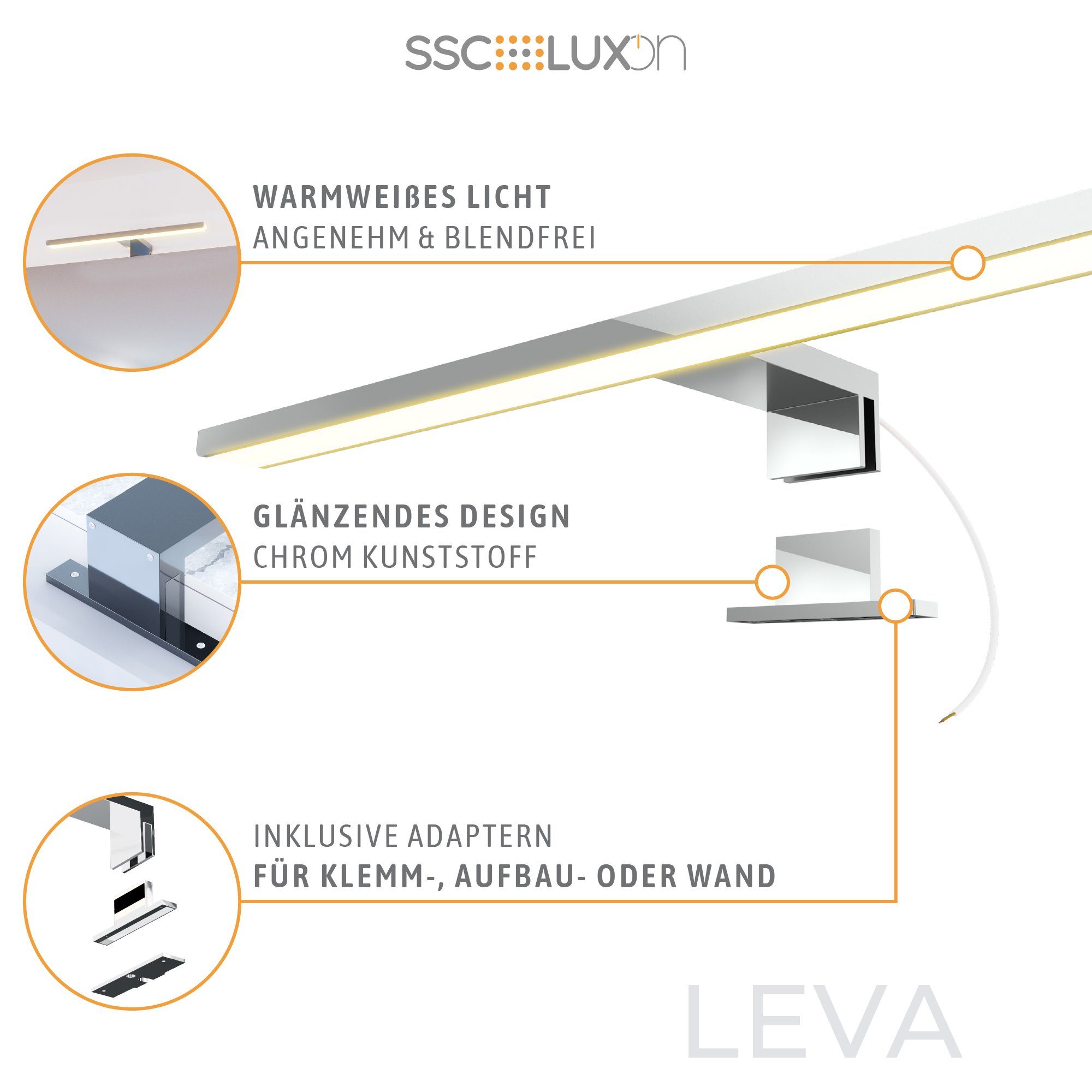 SSC-LUXon LED warmweiss 230V LEVA LED 9W Spiegelleuchte 3-in-1 Bad Bilderleuchte Warmweiß 50cm Design IP44