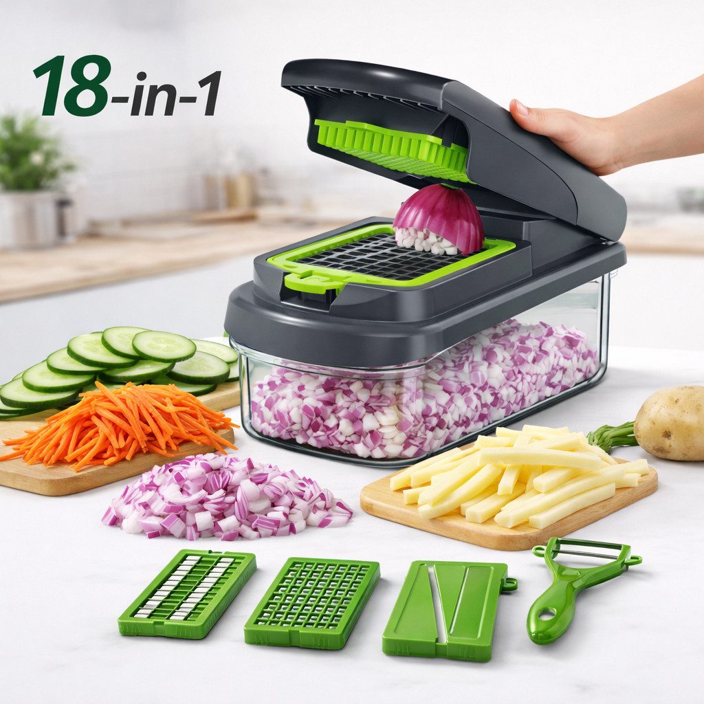 JASLIFE Gemüseschneider 18 in 1 Gemüseschneider Set mit Behälter, Manueller Küchenhelfer mit Edelstahlklingen und Handschutz