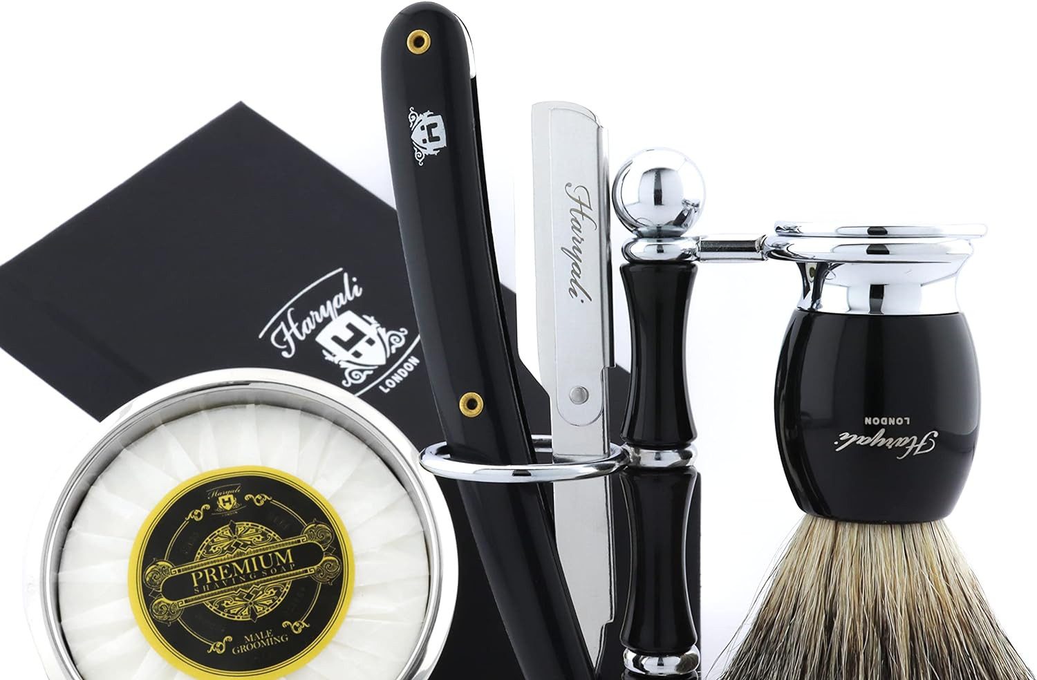 Haryali London Rasierset 5-teiliges Herren-Rasierset mit Rasierseife und Edelstahl schale, 5-tlg., All-in-One-Rasierset, Garman Base, perfekt als Rasiergeschenk für Männer