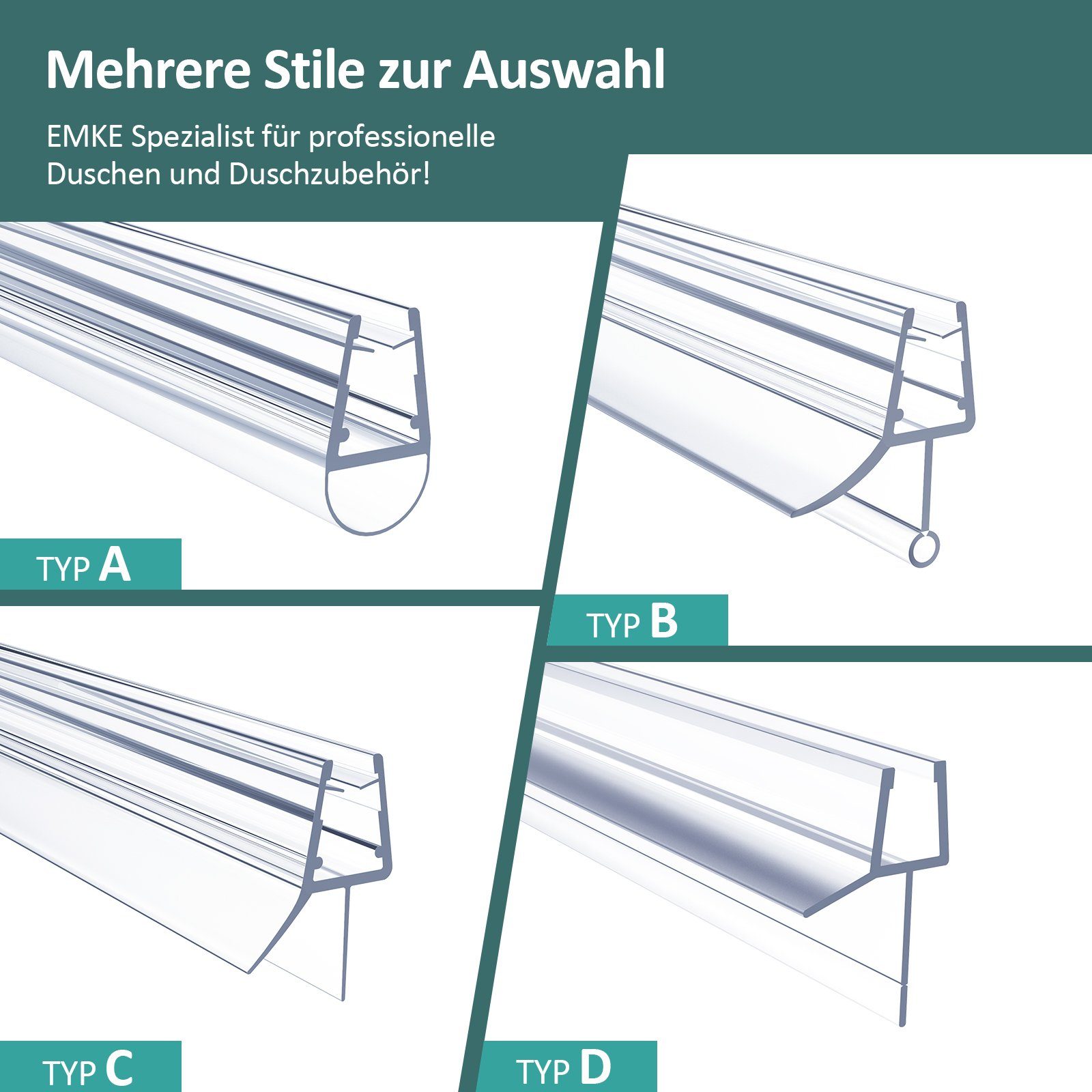 EMKE Duschdichtung Ersatzdichtung Wasserabweiser Duschdichtung, L: 60 cm, Schwallschutz Duschkabine Duschkabinenabdichtung