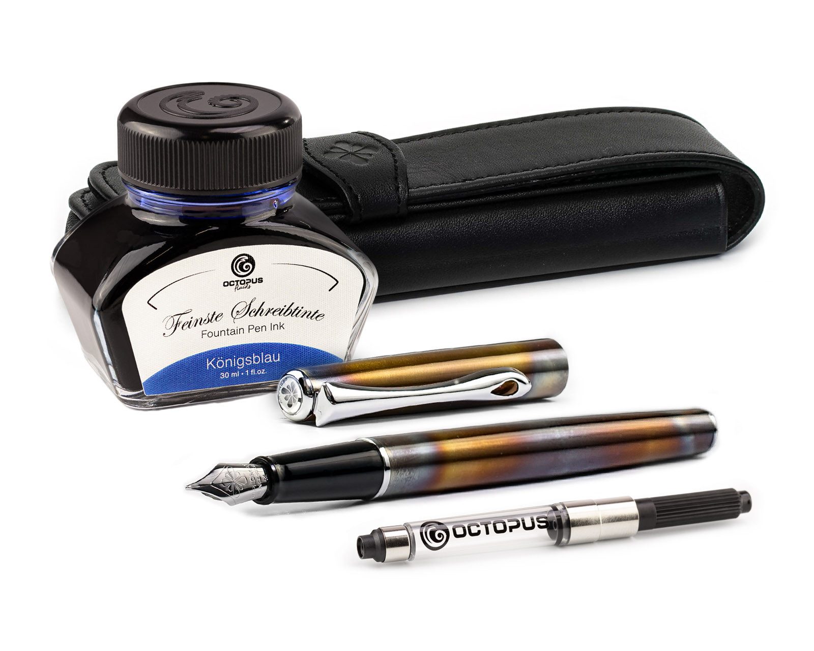 DIPLOMAT Füllhalter Traveller Flame mit Lederetui und Schreibtinte, (Komplett-Set mit Tintenkonverter, Schreibtinte Königsblau von Octopus Fluids und Lederetui), MADE IN GERMANY