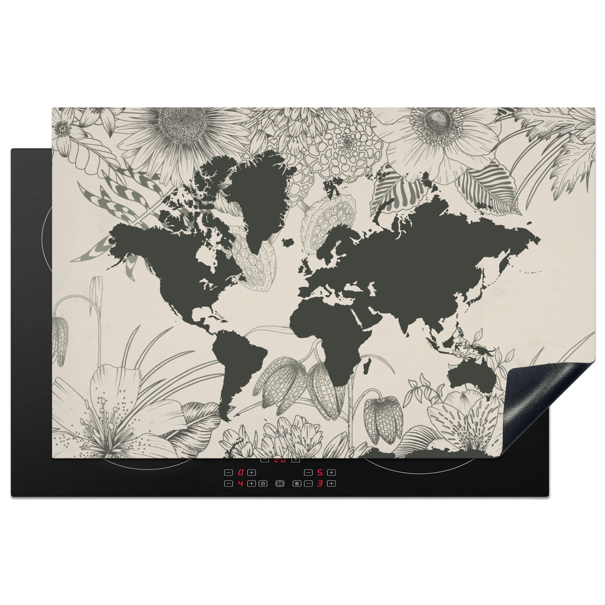 MuchoWow Herdblende-/Abdeckplatte Weltkarte 81x52 - Induktionskochfeld tlg), Blumen für cm, Schutz küche, Vinyl, Grau, die Ceranfeldabdeckung (1 