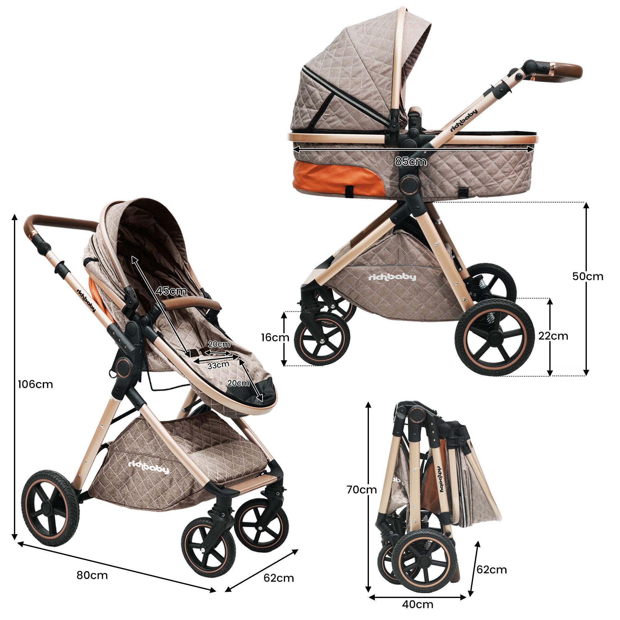 Odikalo Kombi-Kinderwagen EXQUISE V8T 2-in-1-Kinderwagen mit Neugeborenen-Babybett, (einhändig zusammenklappbar, mit umkehrbarer und abnehmbarer Babywanne sowie geländegängiger Stoßdämpfung)