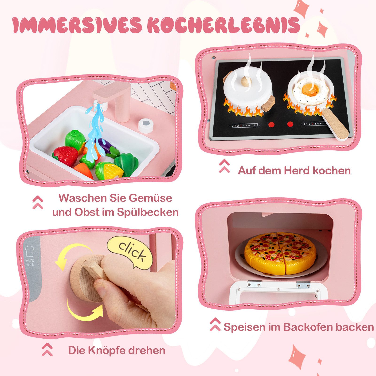 COSTWAY Spielküche Holz, Küchen-Spielset mit Herd, Spüle, Wasserhahn & Ofen