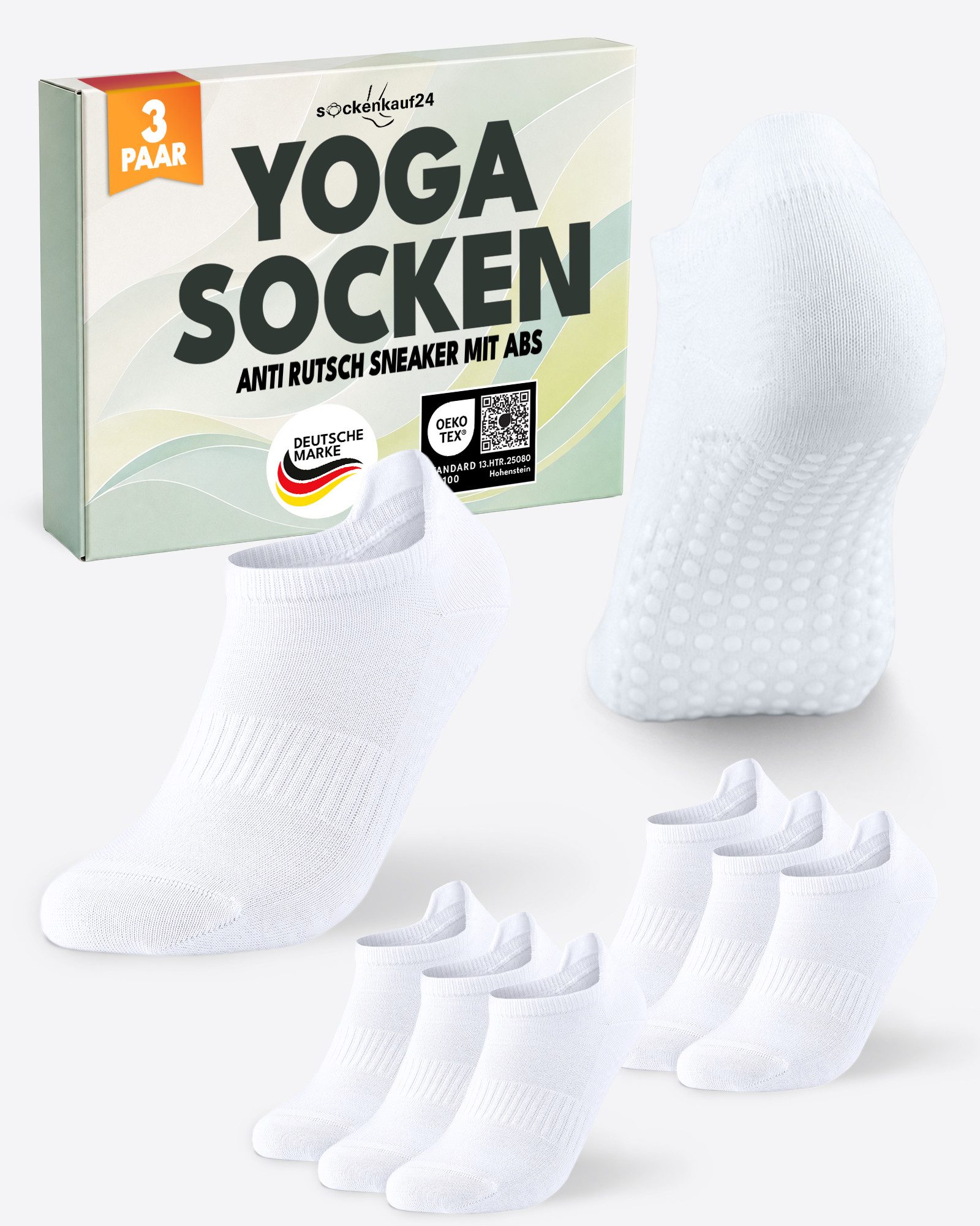 sockenkauf24 Sportsocken Pilates/Yoga Sneaker Socken Kurz mit ABS Sohle und Fersenlasche (3-Paar) mit rutschhemmenden ABS-Noppen