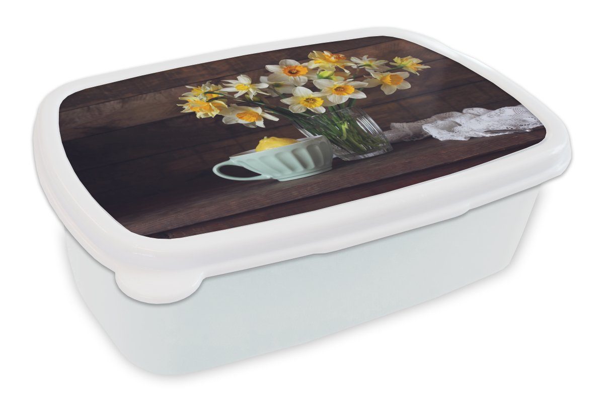 - Brotbox Lunchbox MuchoWow Kunststoff, (2-tlg), - Kinder Jungs Mädchen Narzissen für Erwachsene, und für Stilleben, Teetasse Brotdose, weiß und