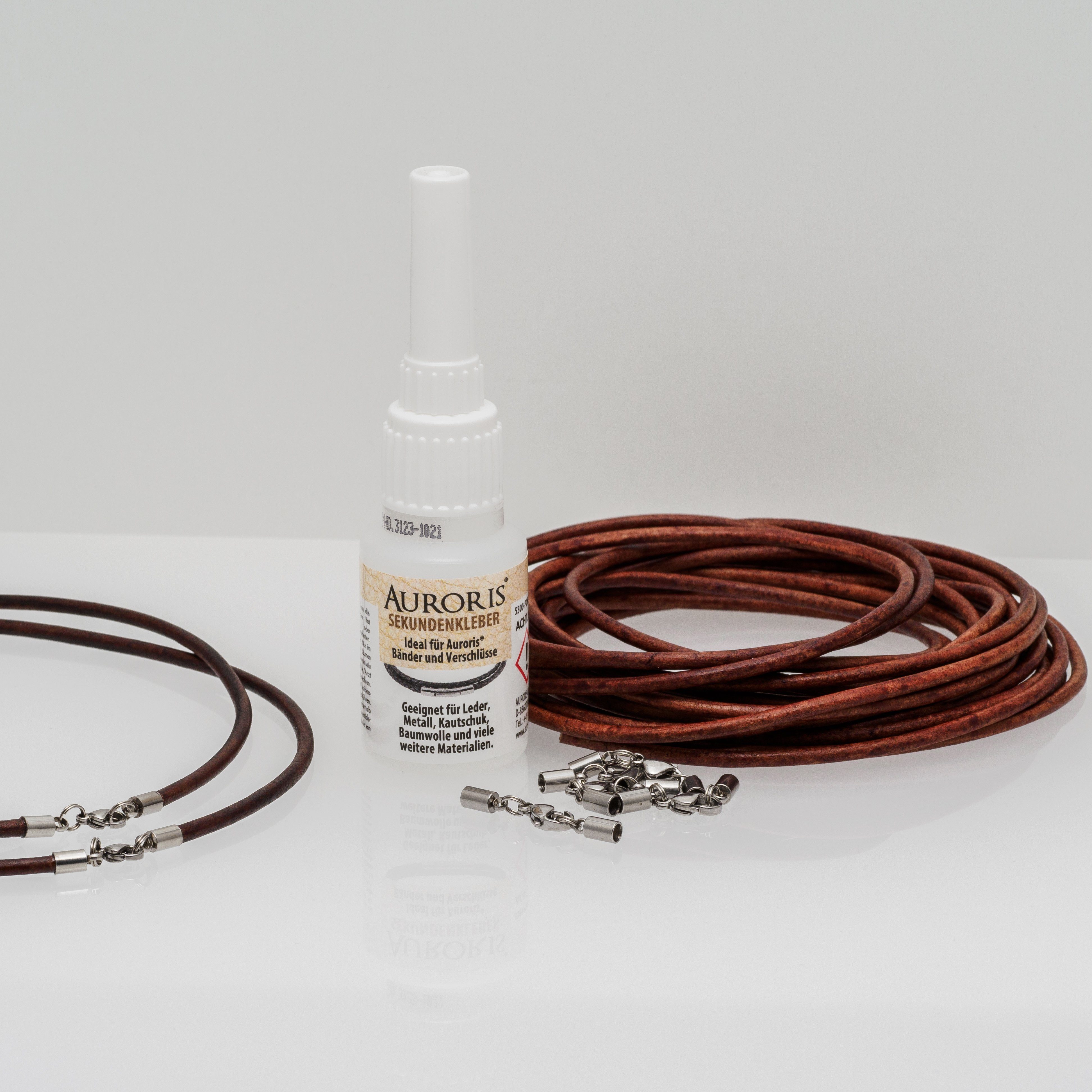 Auroris Schmuckset DIY-Set aus 5m Lederband, Verschlüssen und Kleber für Ketten/Armbänder – Bild 5 von 5