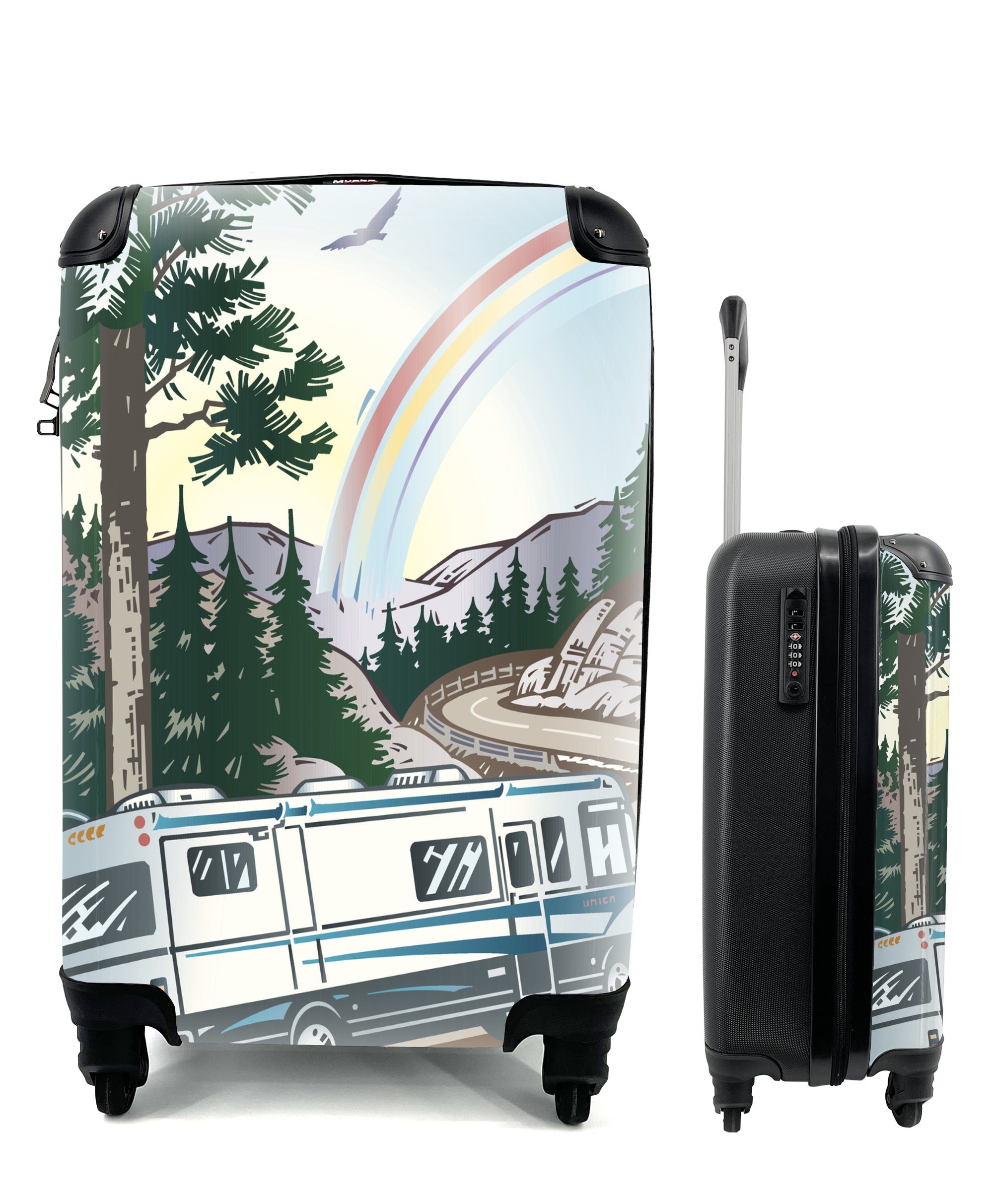 MuchoWow Handgepäckkoffer Illustration eines Wohnmobils auf einer Bergstraße, 4 Rollen, Reisetasche mit rollen, Handgepäck für Ferien, Trolley, Reisekoffer