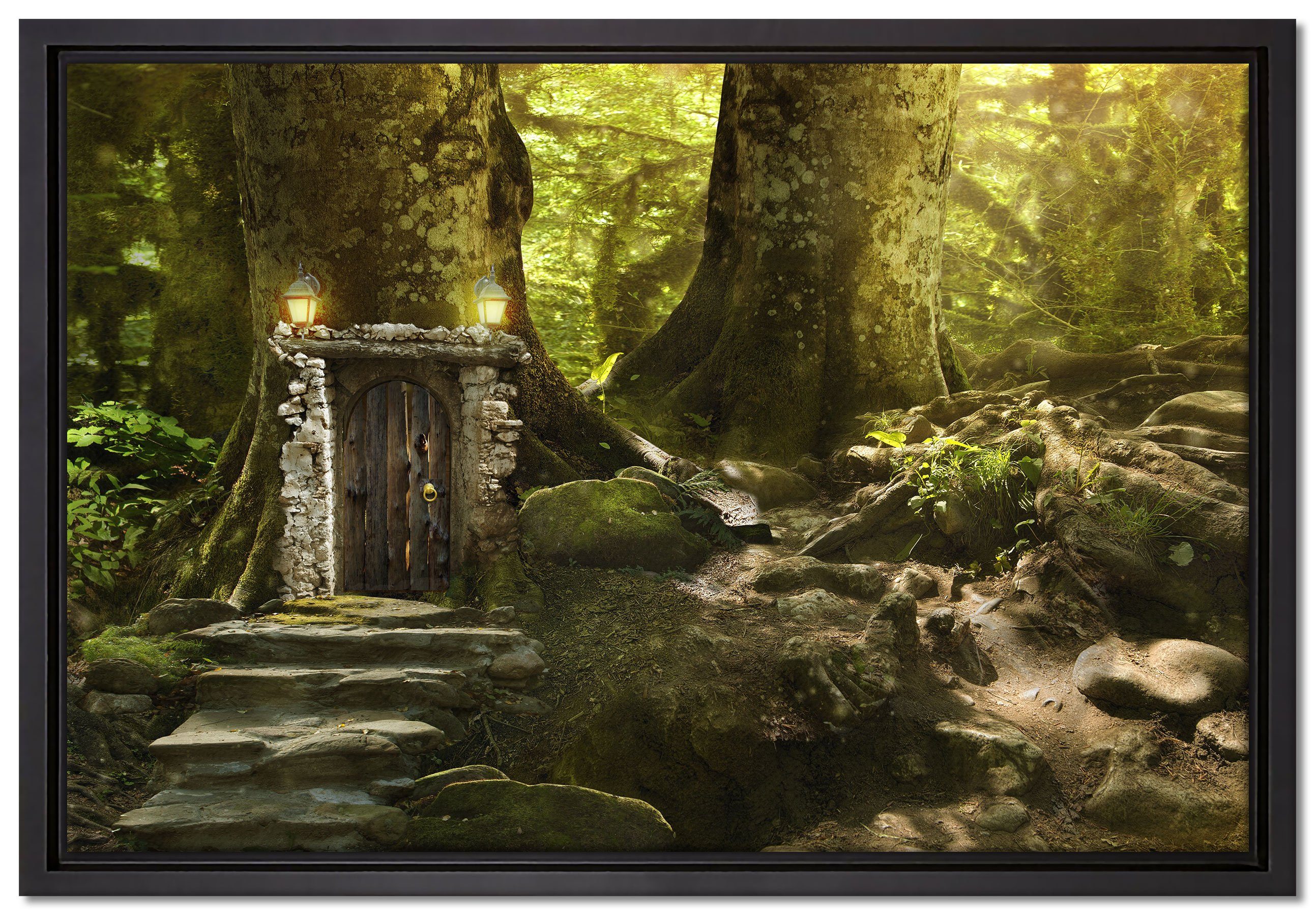 Pixxprint Leinwandbild Geheimes Tor im Wald, Wanddekoration (1 St), Leinwandbild fertig bespannt, in einem Schattenfugen-Bilderrahmen gefasst, inkl. Zackenaufhänger