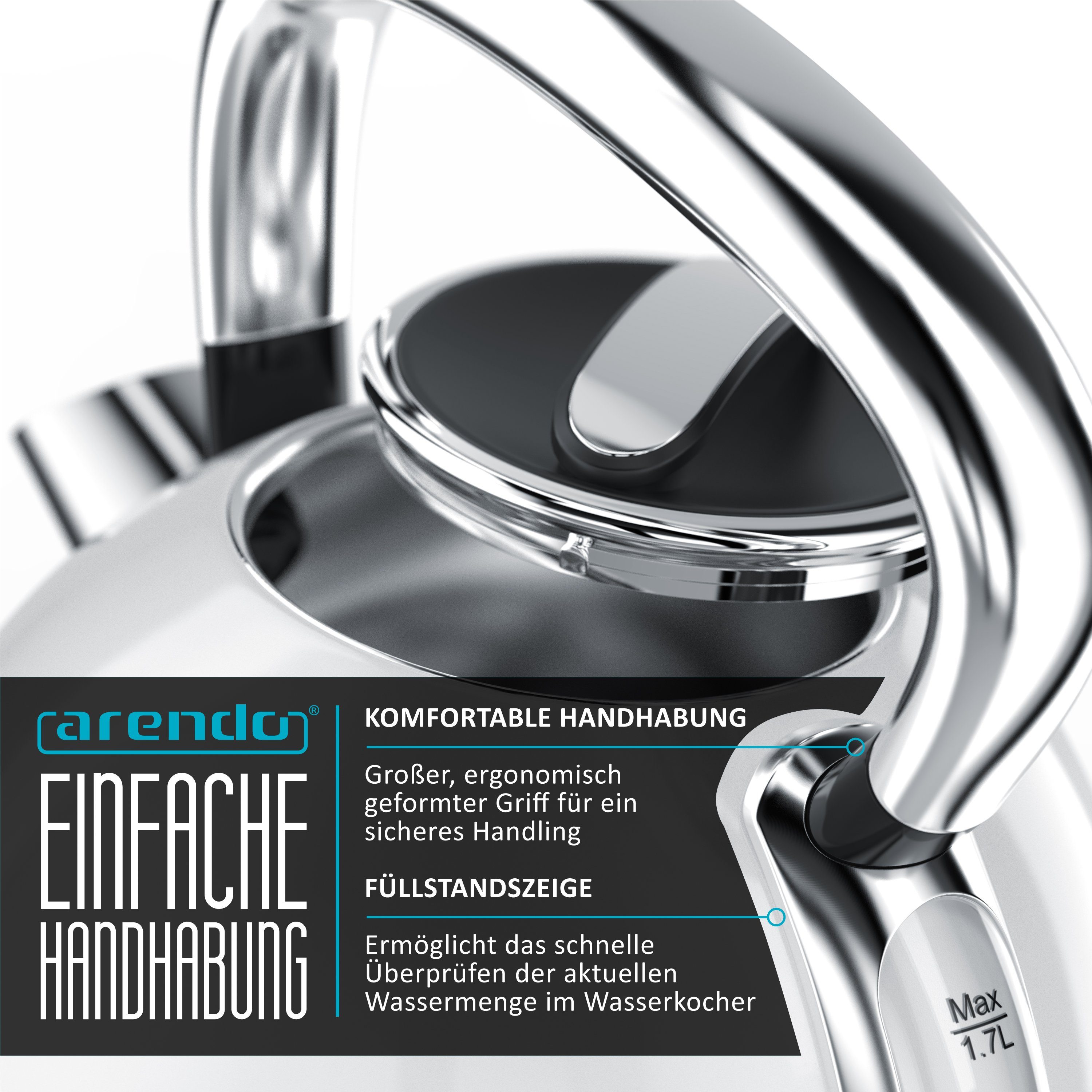 Arendo Wasserkocher Vintage Edelstahl Teekessel im Retro Style, GS Geprüft, weiß, 1,7 l, 2200 W, Überhitzung & Trockenkochschutz, automatische Abschaltung, Kalkfilter