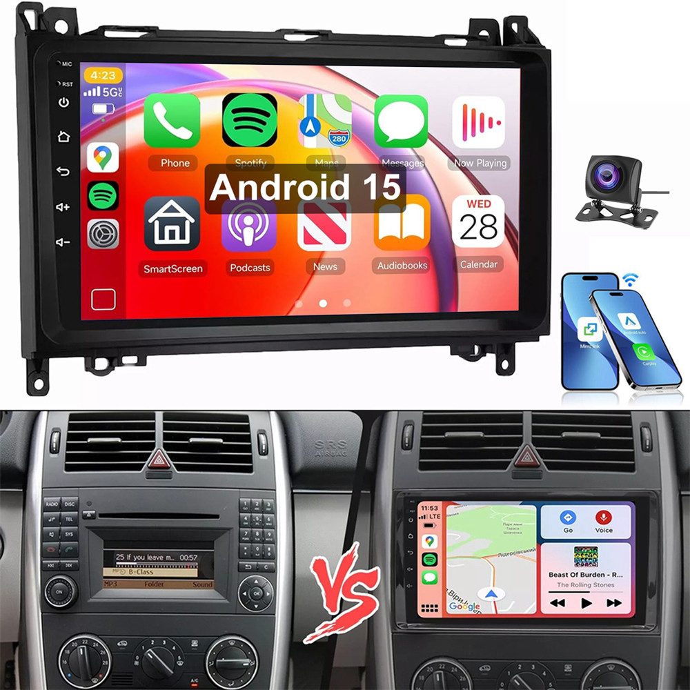 ESSGOO Android 15 Für Mercedes-Benz A/B Klasse/Vito W169 W639 W245 W906 Autoradio (RDS, BT, Digitalradio (DAB), FM, SWC, 2 DIN Carplay Bluetooth Navigationsgeräte Rückfahrkamera(optional)