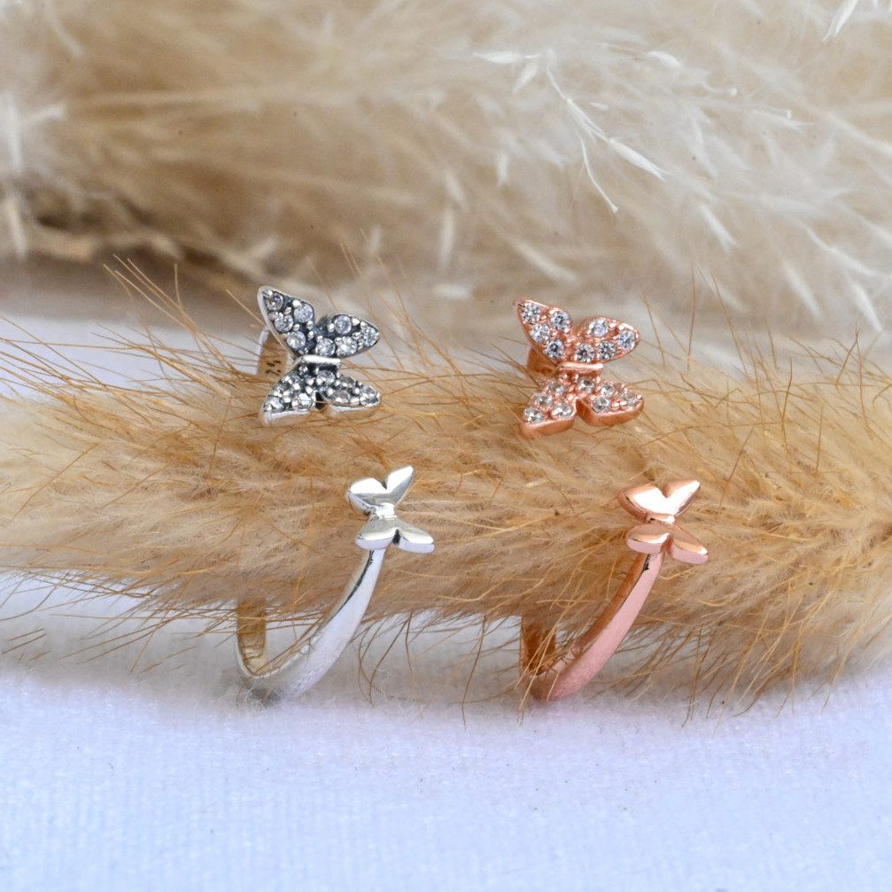 Runde Perlé Silberring offener verstellbarer Ring "zwei Schmetterlinge" 925 günstig online kaufen