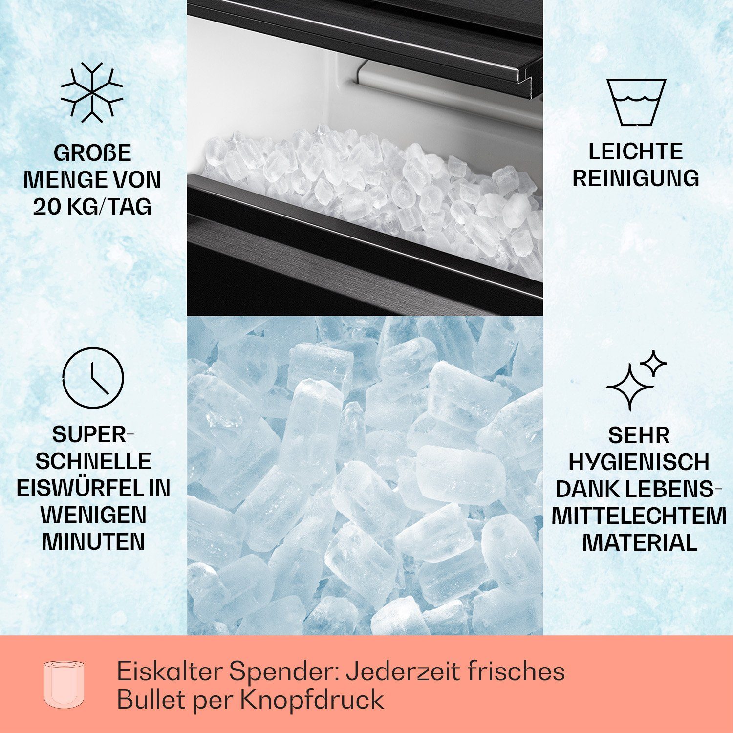 Klarstein Eiswürfelmaschine Powericer XL Eismaschine 20 kg/24h 145W Bulleteis 3,5kg Vorrat 1,8L, Ice Maker Eismaschine elektrisch Bullet-Eis 1,8L mit LED