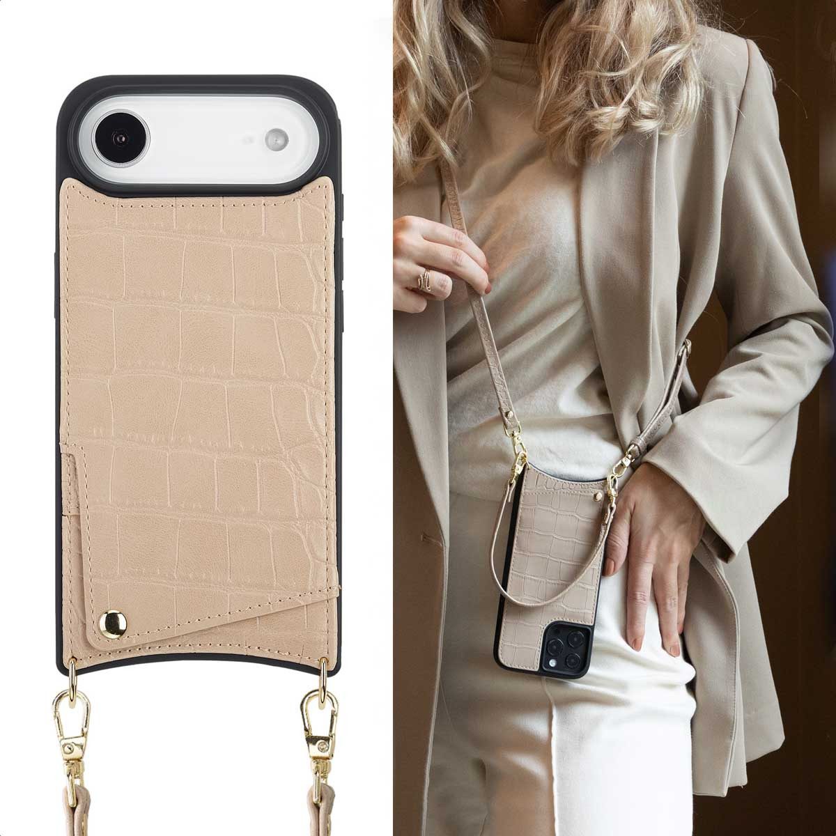 Selencia Case zum Umhängen Selencia Nova Croco HandyHülle mit Kordel und Kartenhalter Apple iPhon