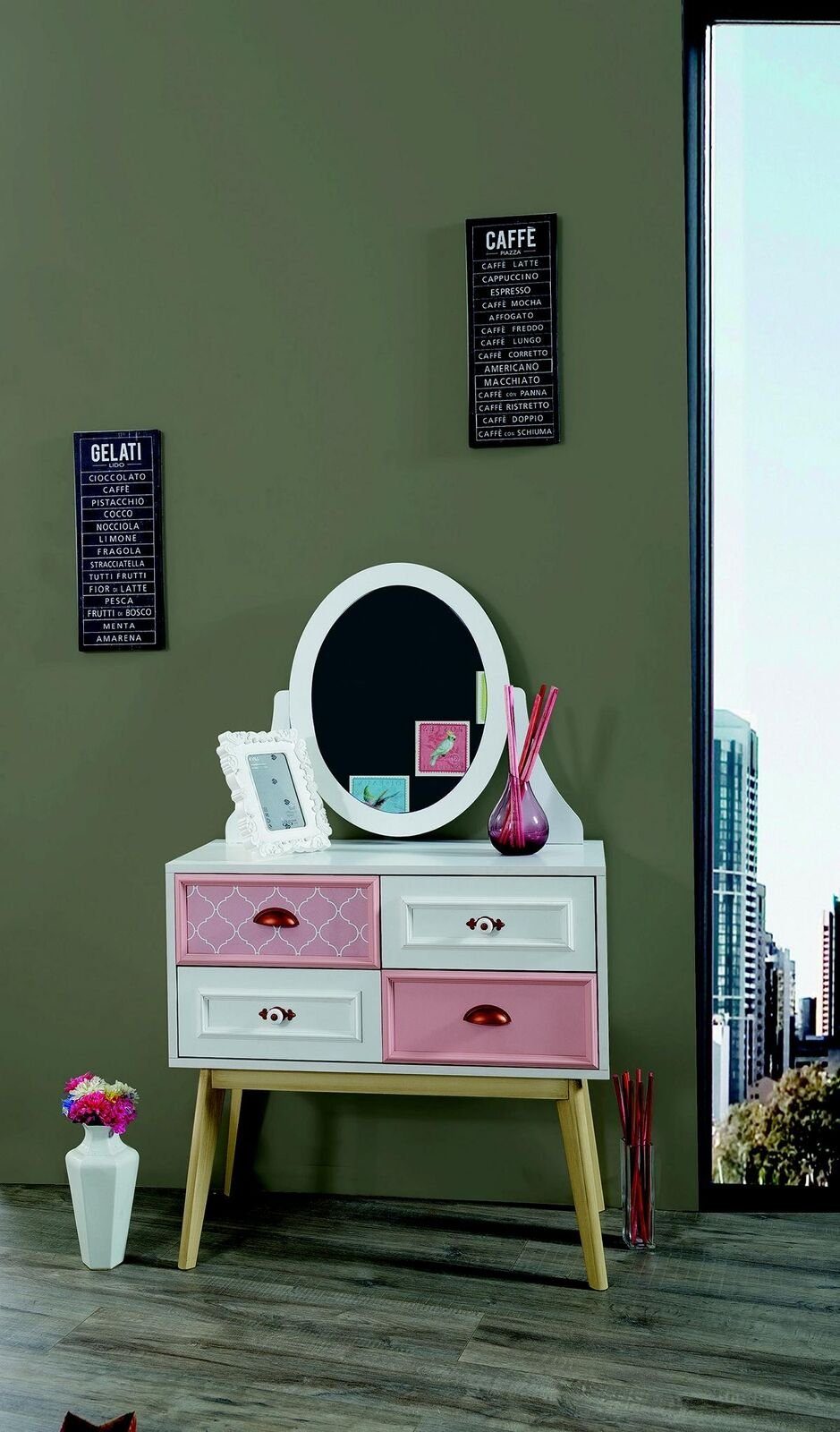 JVmoebel Kommode Kommode mit Spiegel Luxus Konsole Kommode Rosa Kinderzimmer Möbel Neu, Made In Europe
