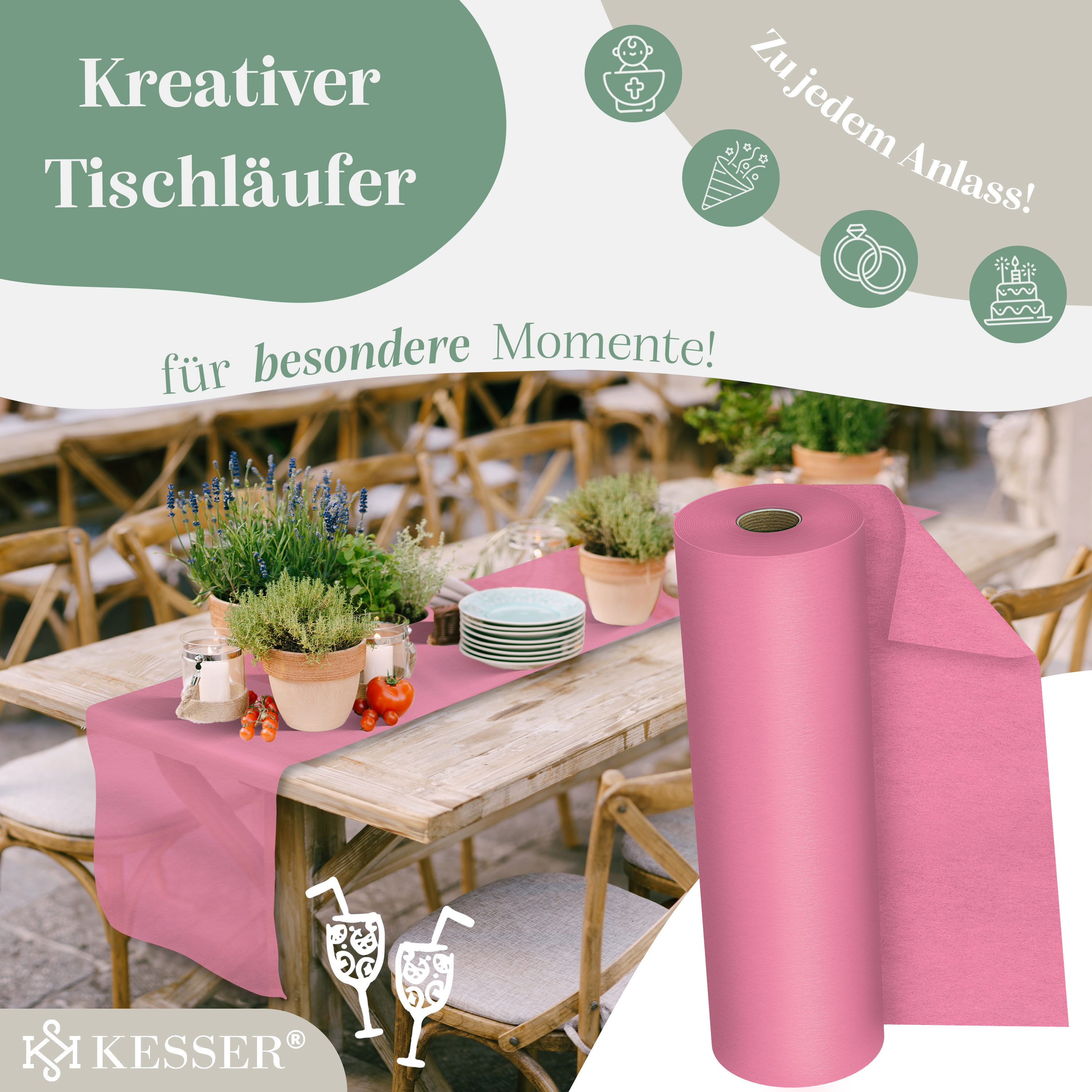 KESSER Tischläufer 25 m × 30 cm, wasserabweisend & abwaschbar, 30 g/m², anpassbare Vlies-Tischdekoration – für Feste aller Art geeignet