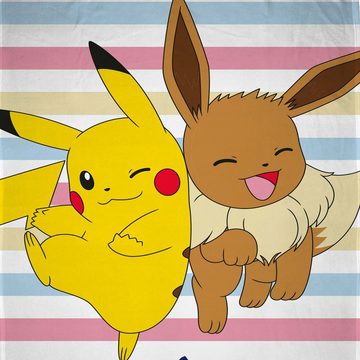 Kinderdecke Super flauschige Pokemon Kuscheldecke "Multi" extra Groß 160x200 cm, Familando, mit Pikachu und Evoli vor gestreiftem Hintergrund